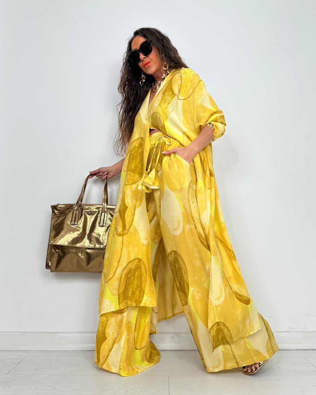 Ensemble Chemise Longue & Pantalon Fluide Jaune à Imprimé Graphique