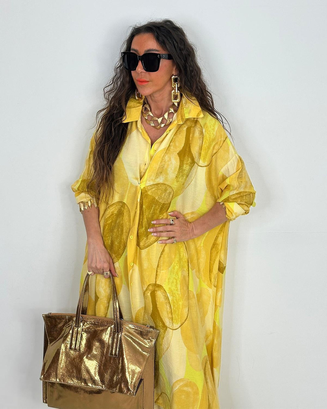 Ensemble Chemise Longue & Pantalon Fluide Jaune à Imprimé Graphique