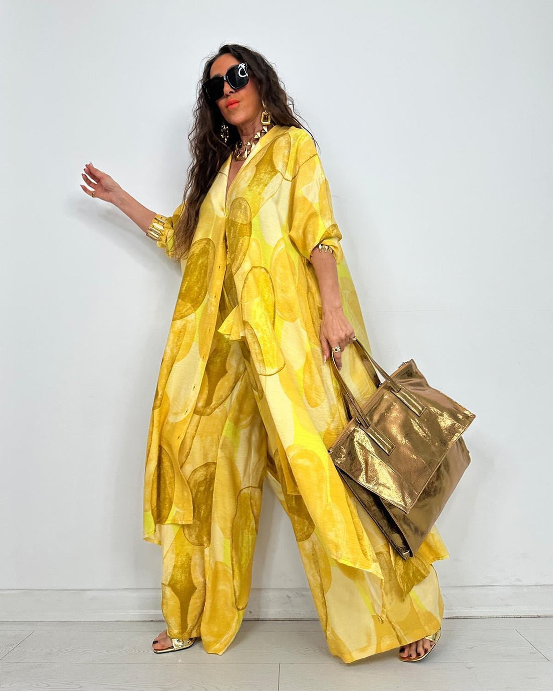 Ensemble Chemise Longue & Pantalon Fluide Jaune à Imprimé Graphique
