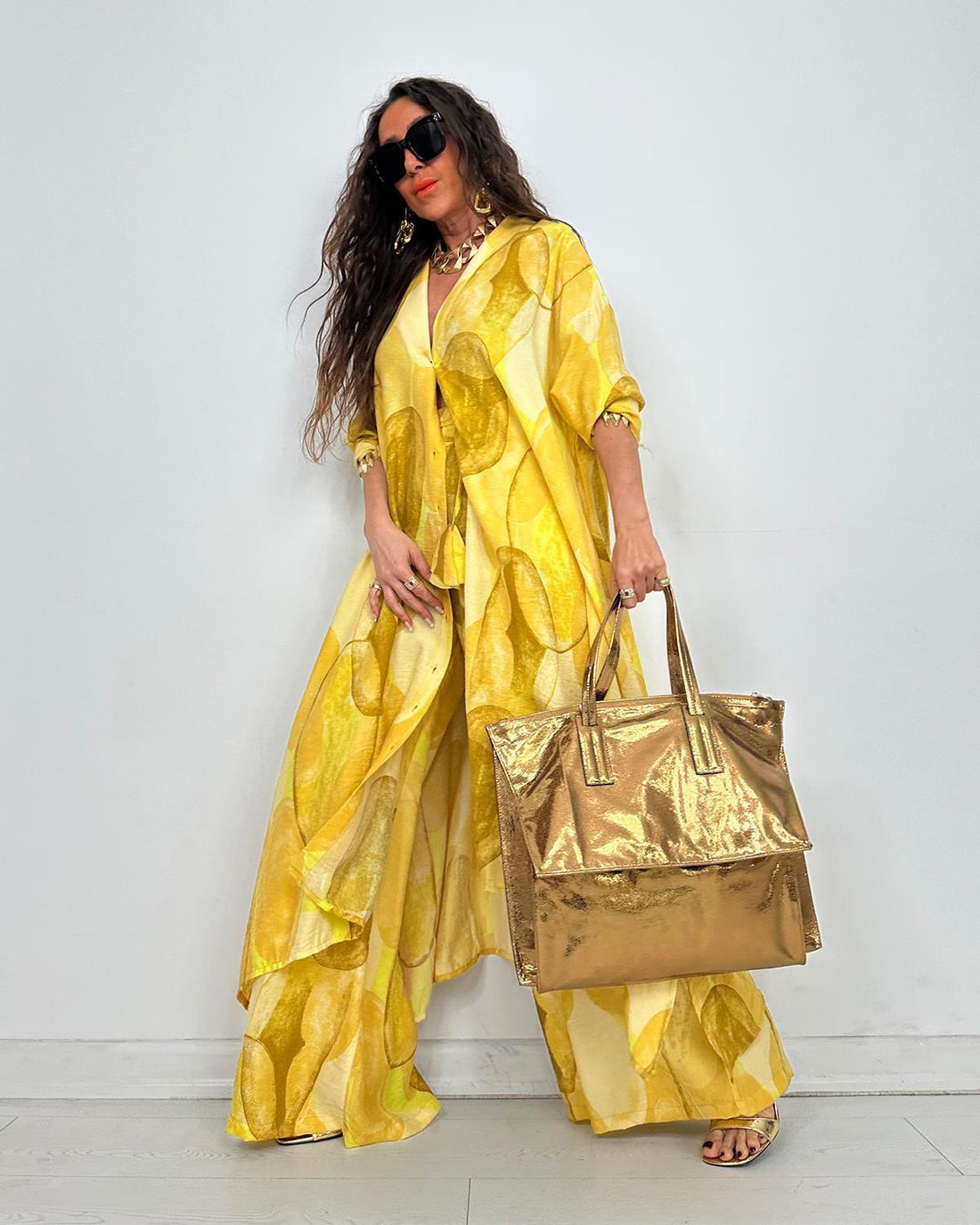 Ensemble Chemise Longue & Pantalon Fluide Jaune à Imprimé Graphique