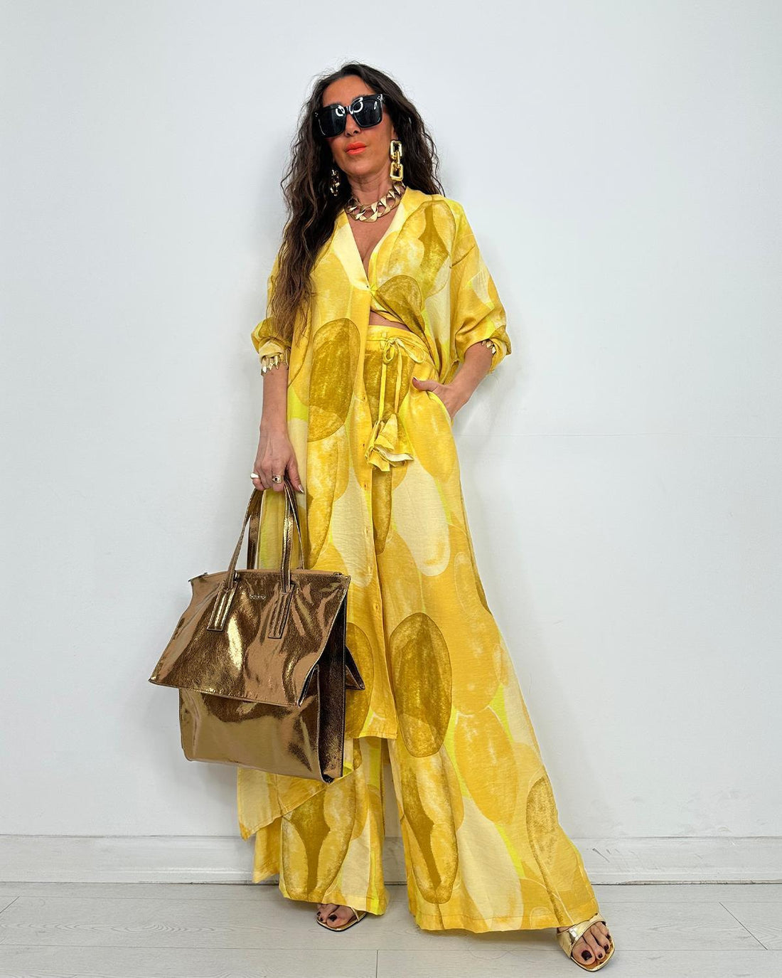 Ensemble Chemise Longue & Pantalon Fluide Jaune à Imprimé Graphique