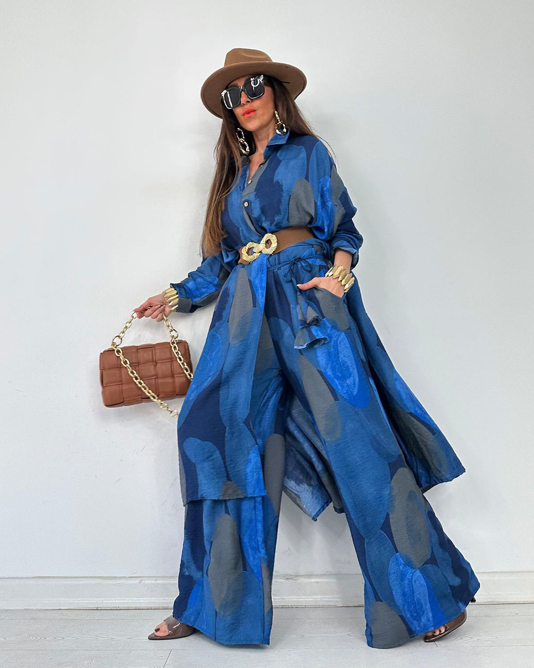 Ensemble Chemise Longue & Pantalon Fluide Imprimé Marine