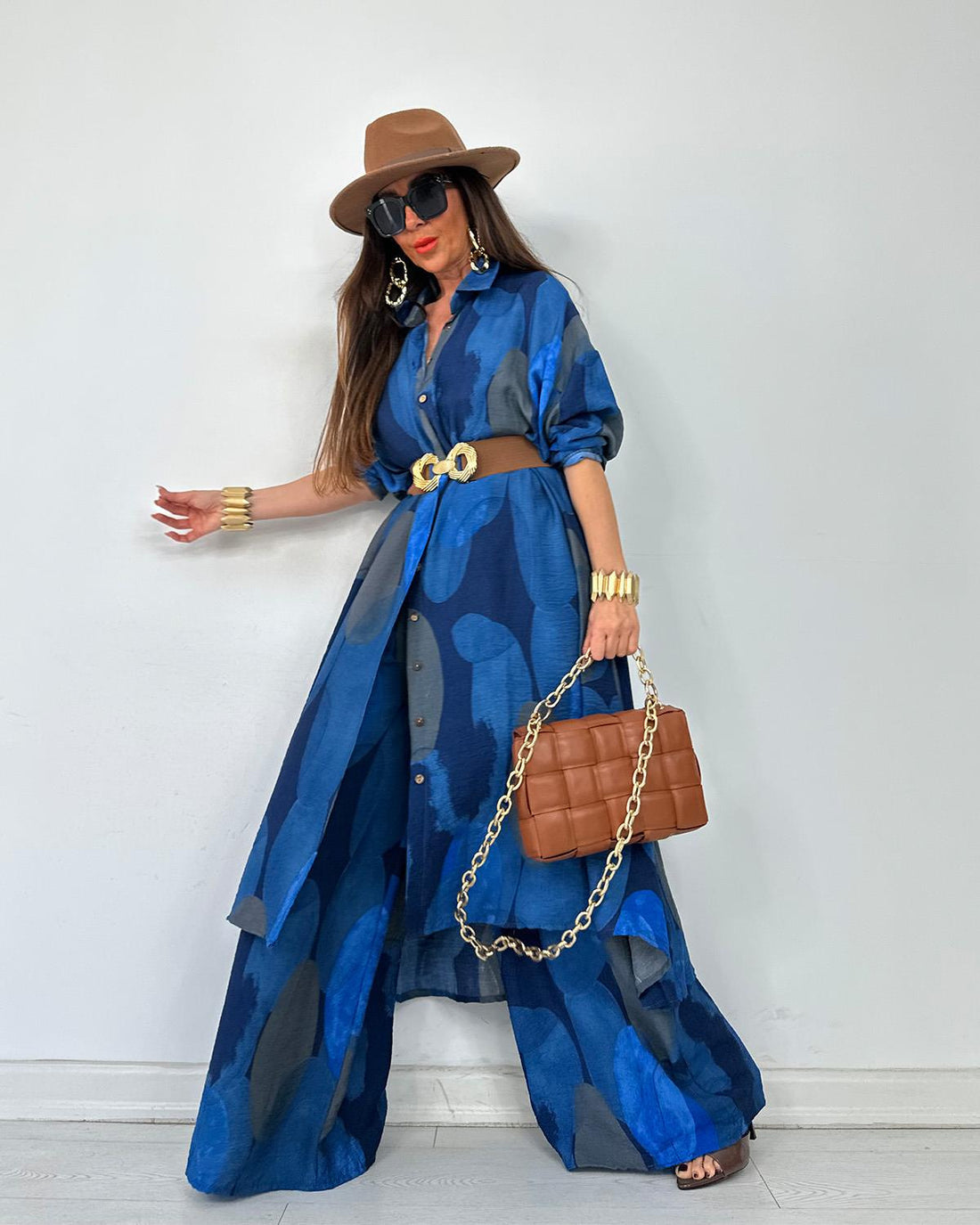 Ensemble Chemise Longue & Pantalon Fluide Imprimé Marine