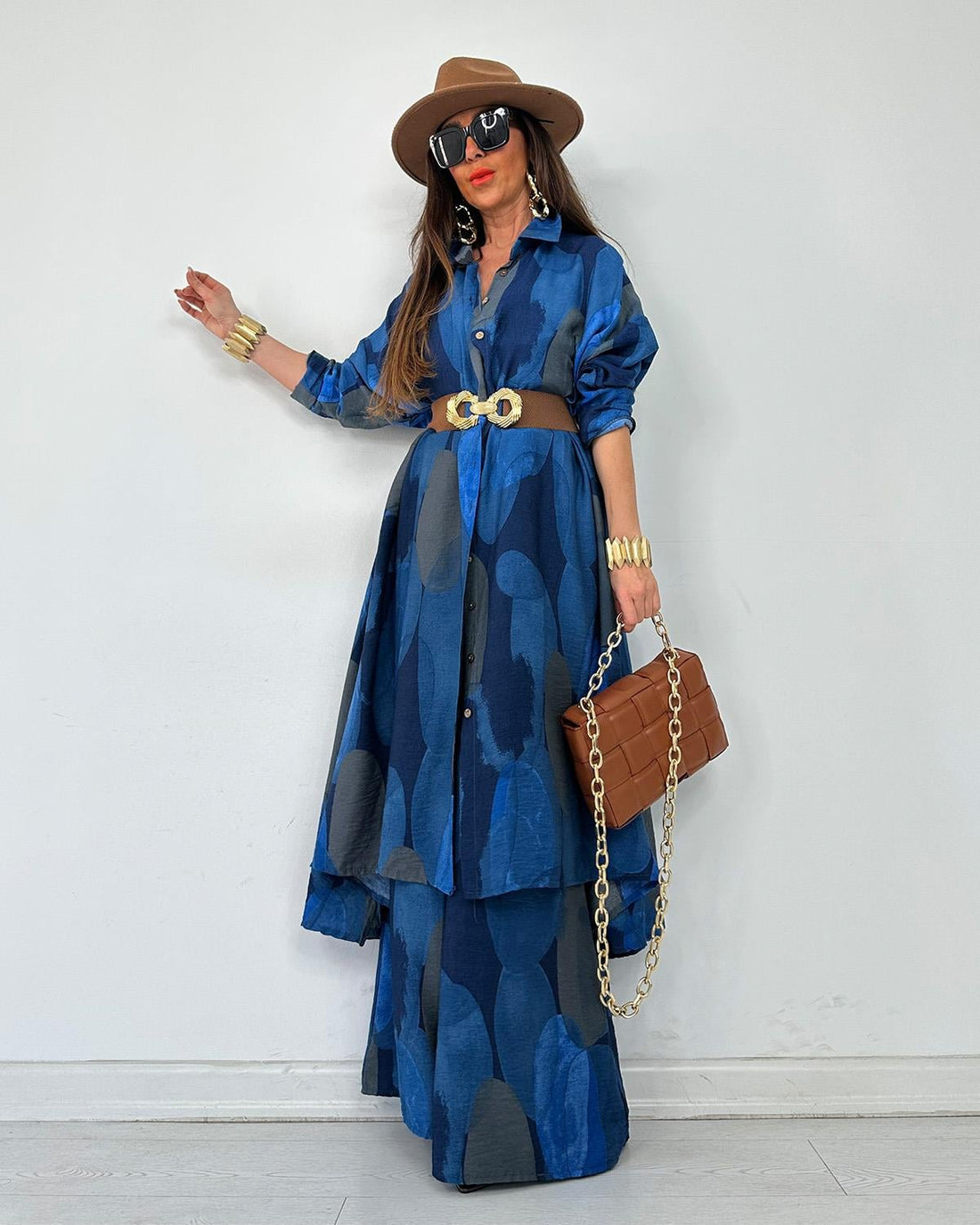 Ensemble Chemise Longue & Pantalon Fluide Imprimé Marine