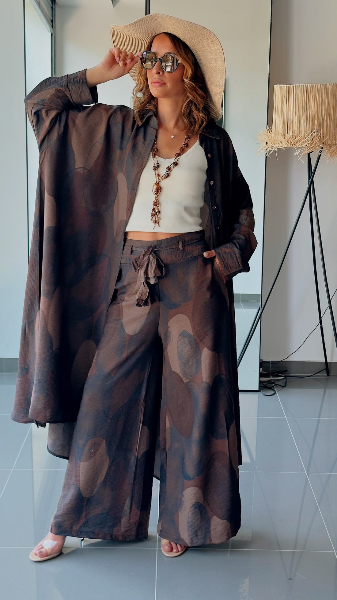 Ensemble Bohème Graphique – Chemise Longue & Pantalon Fluide