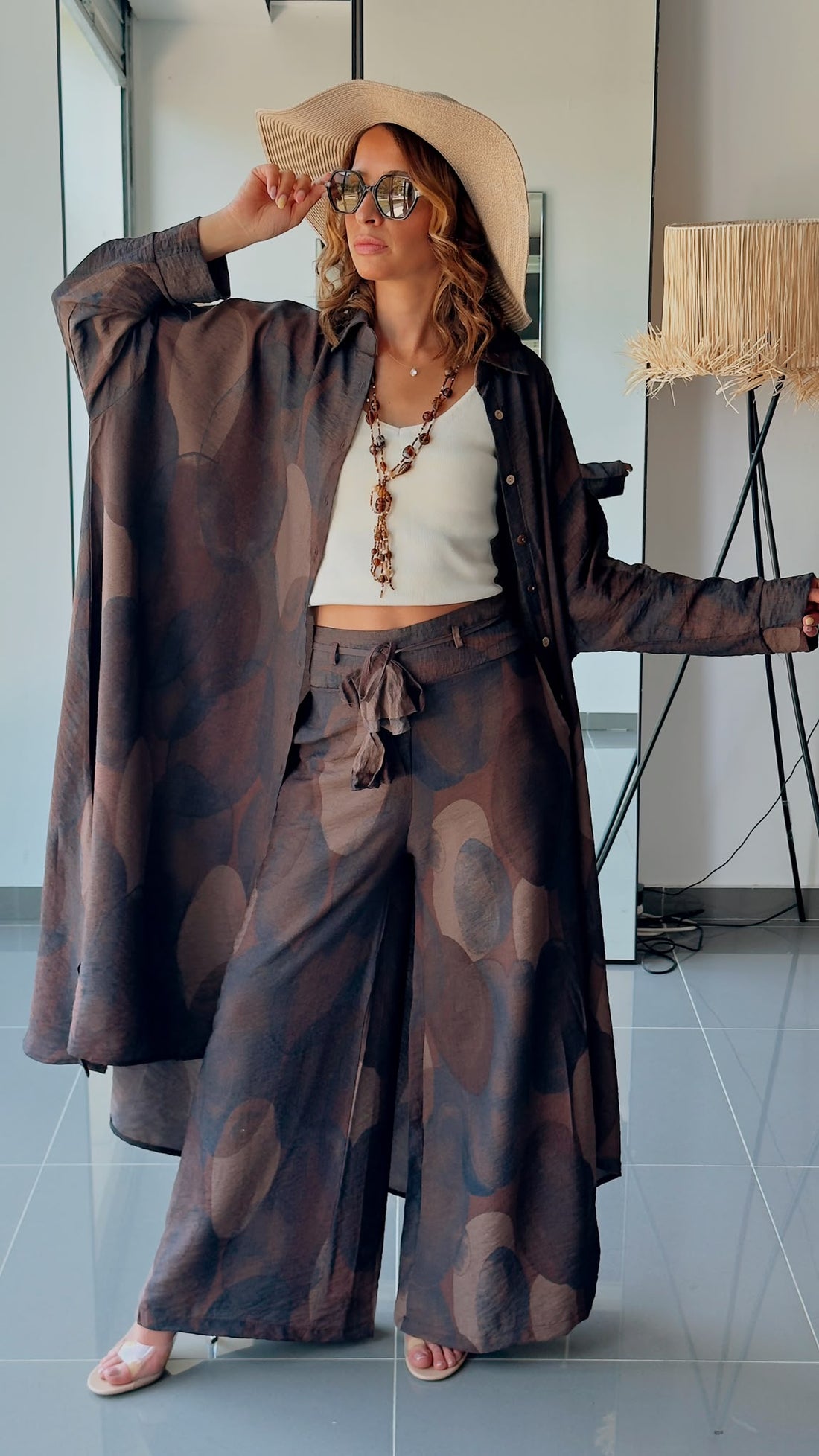 Ensemble Bohème Graphique – Chemise Longue & Pantalon Fluide