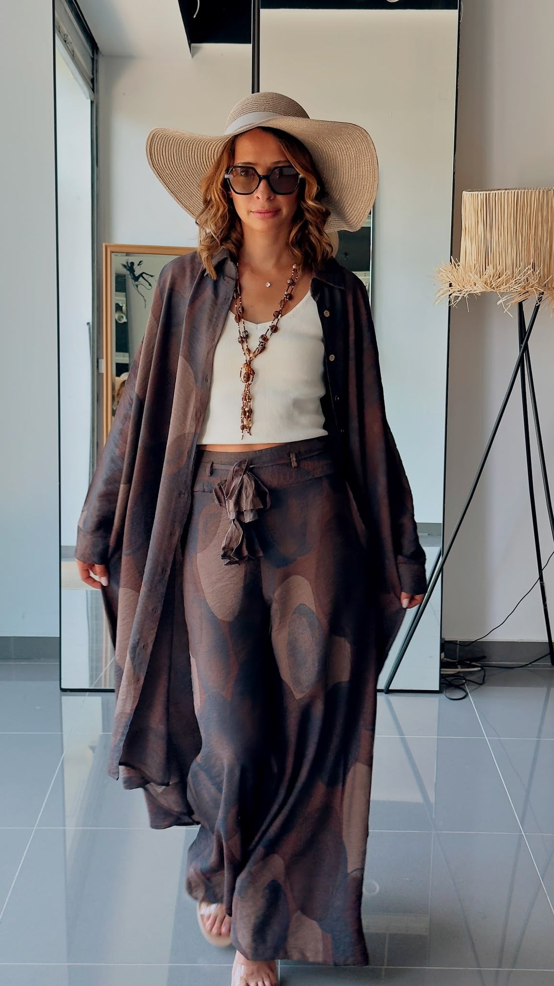 Ensemble Bohème Graphique – Chemise Longue & Pantalon Fluide
