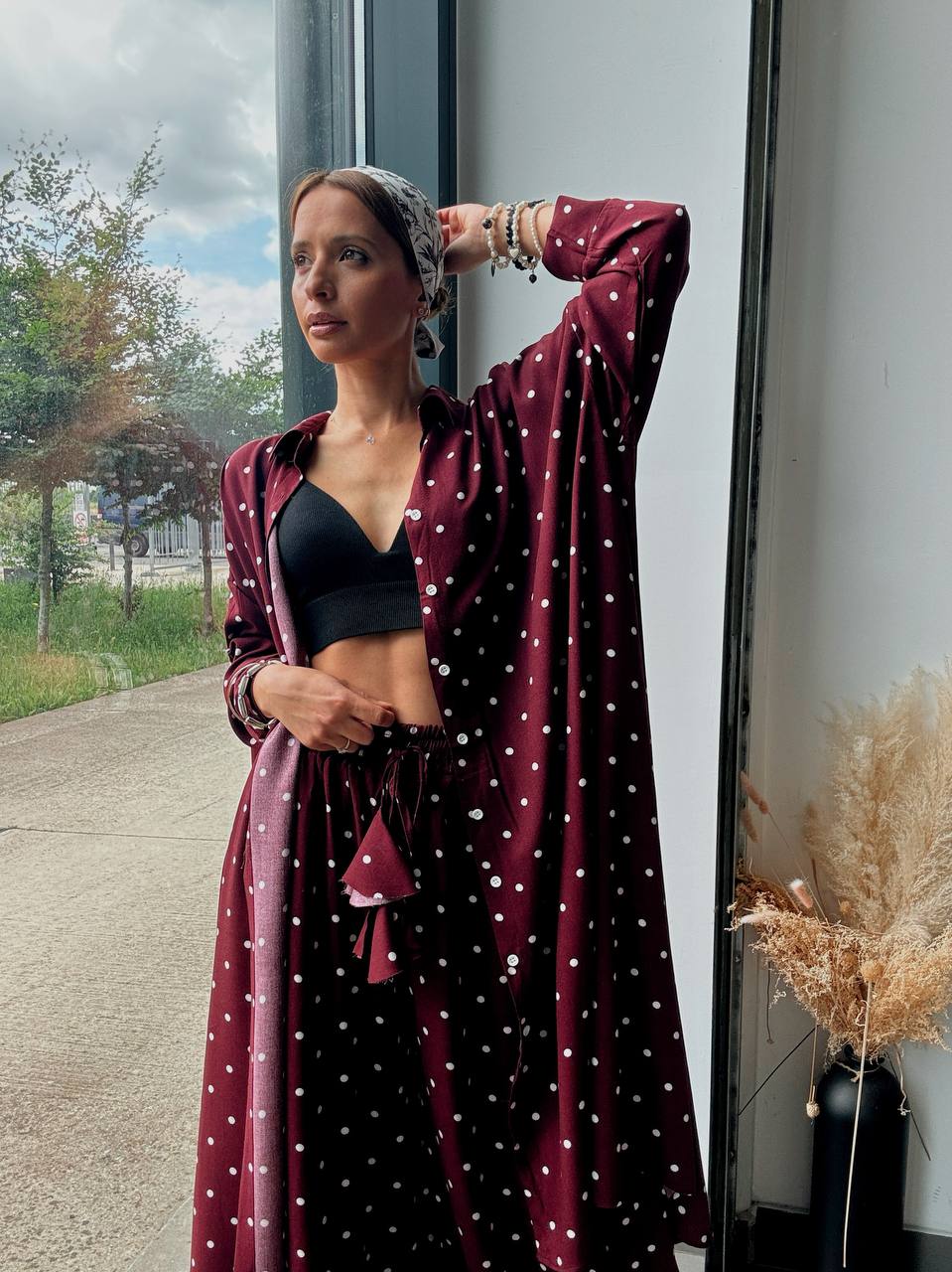 Ensemble Chemise Longue & Pantalon Large à Pois Bordeaux