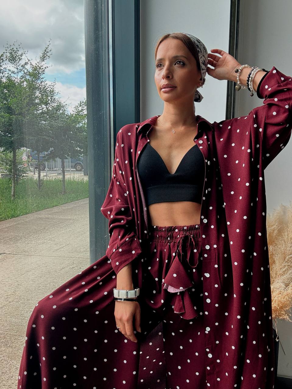 Ensemble Chemise Longue & Pantalon Large à Pois Bordeaux