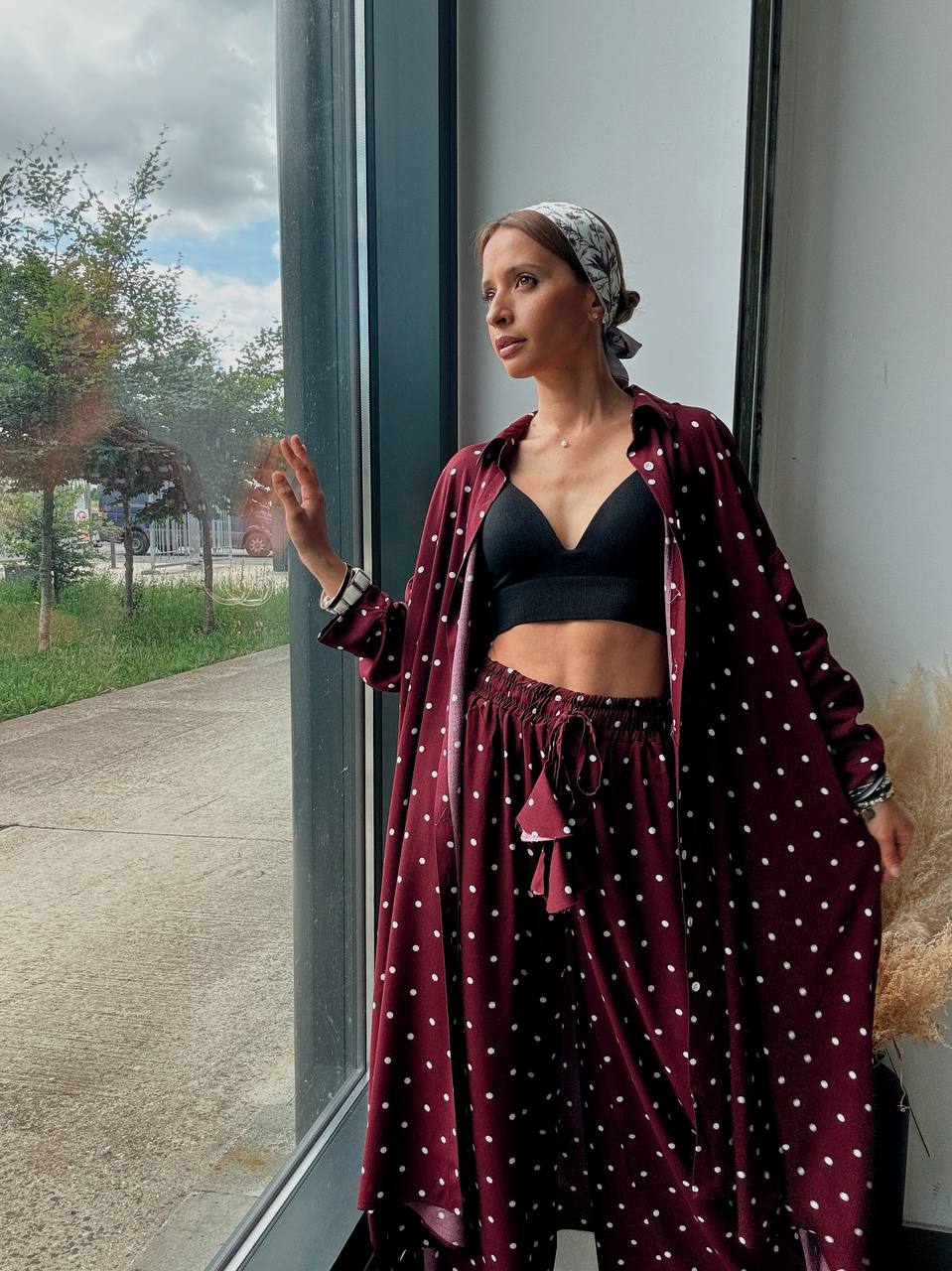 Ensemble Chemise Longue & Pantalon Large à Pois Bordeaux