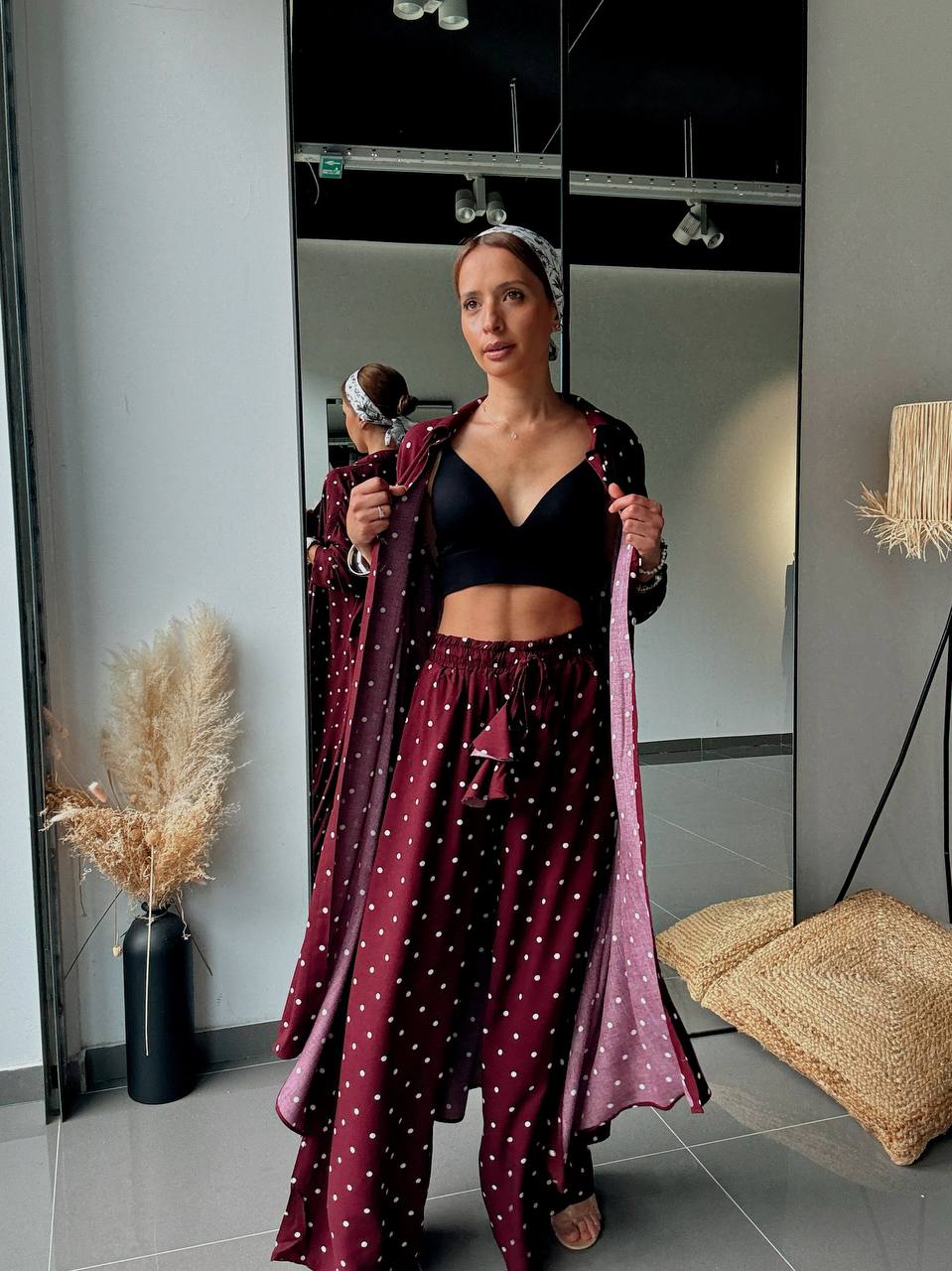 Ensemble Chemise Longue & Pantalon Large à Pois Bordeaux