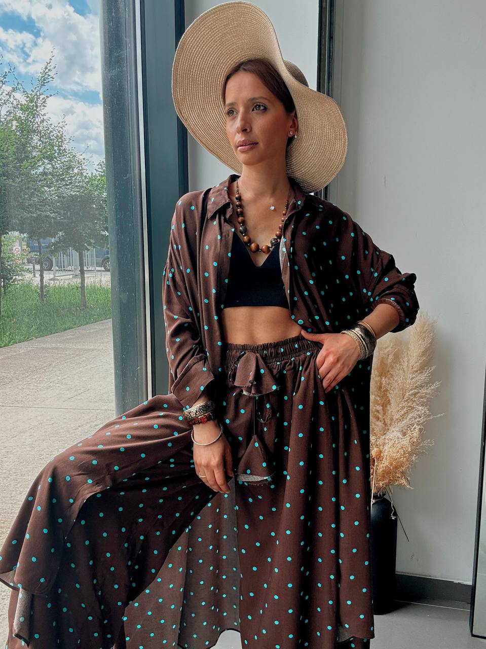 Ensemble Chemise Longue & Pantalon Large Marron à Pois Turquoise