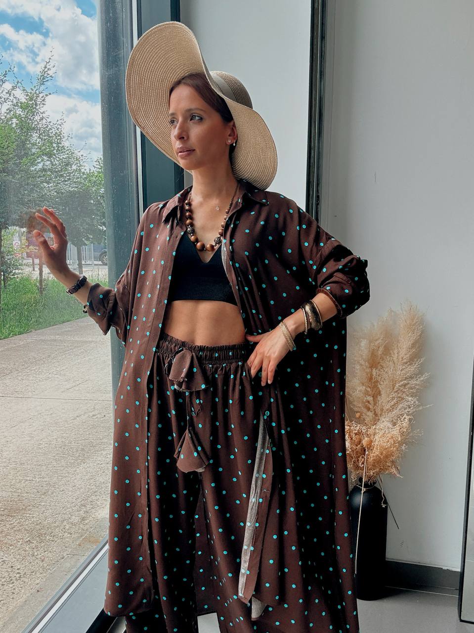 Ensemble Chemise Longue & Pantalon Large Marron à Pois Turquoise