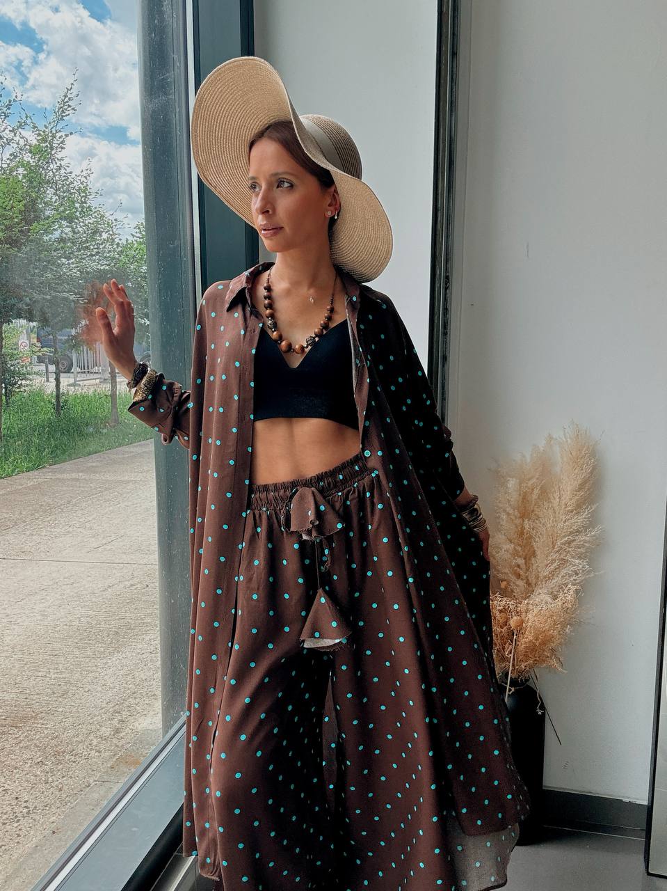 Ensemble Chemise Longue & Pantalon Large Marron à Pois Turquoise