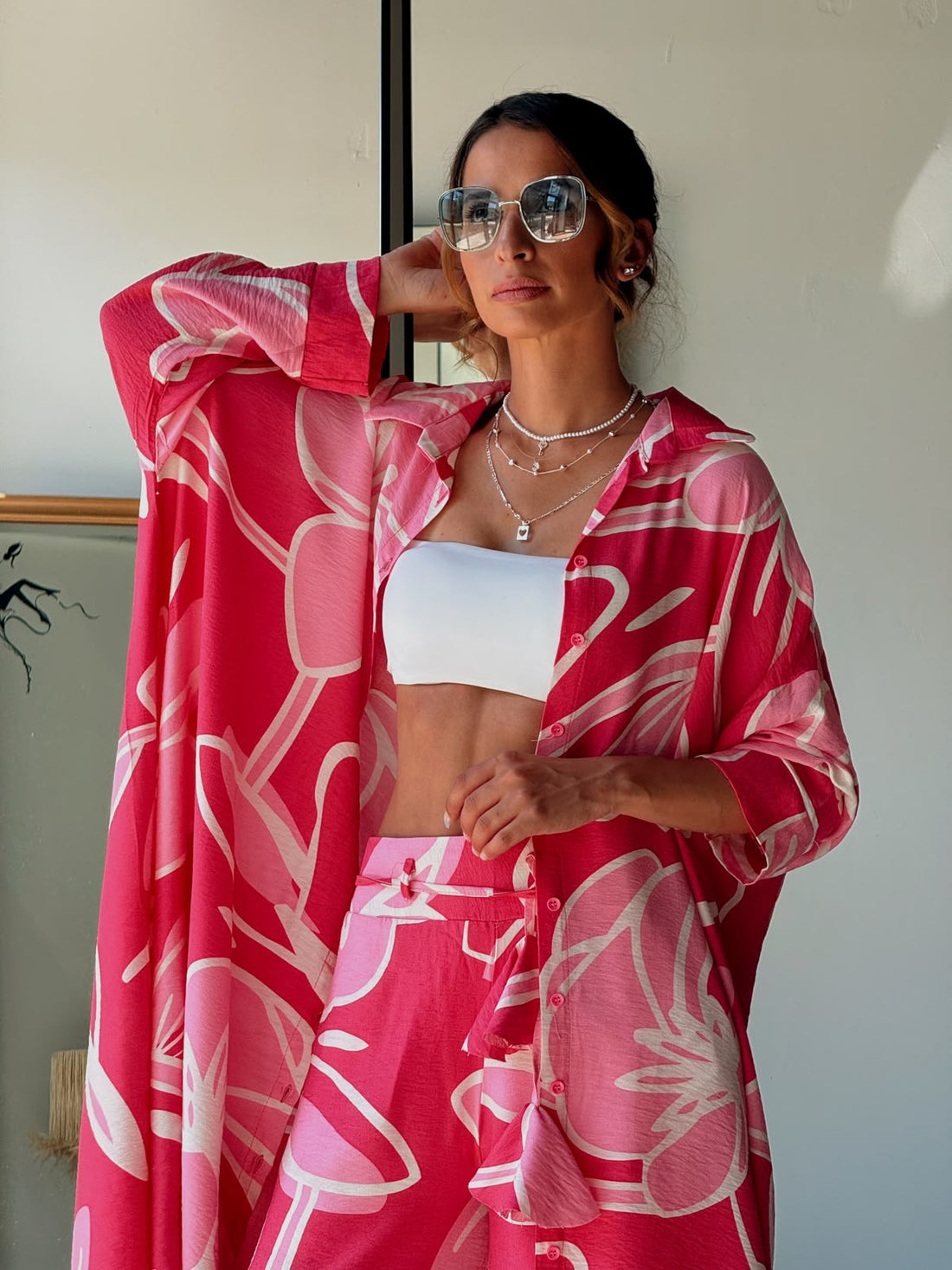Ensemble Chemise Longue & Pantalon Fluide Imprimé Fuchsia