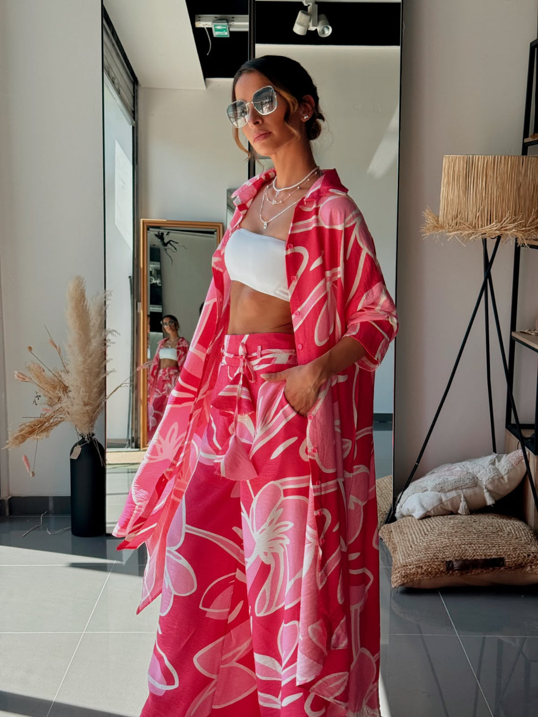 Ensemble Chemise Longue & Pantalon Fluide Imprimé Fuchsia