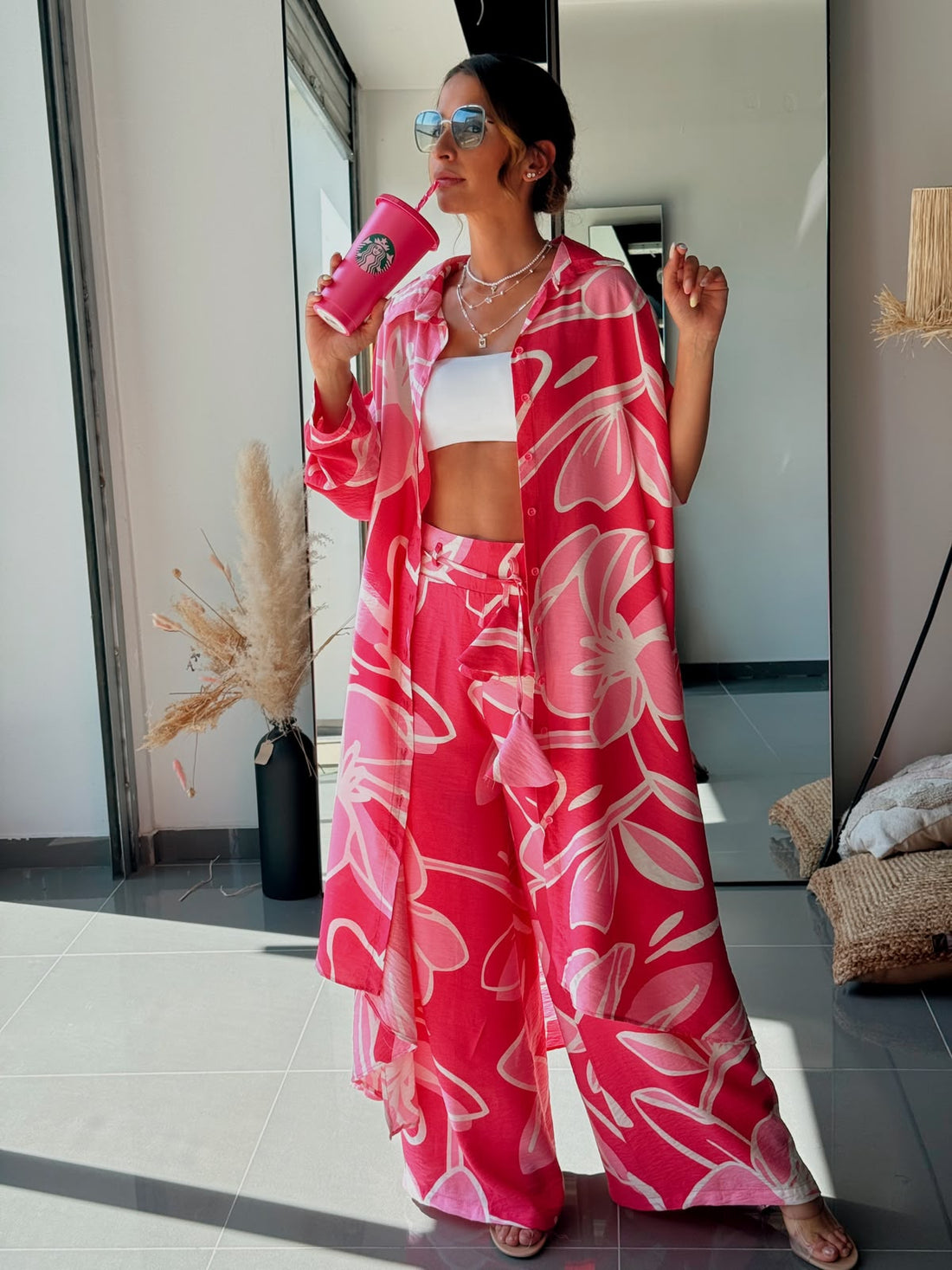 Ensemble Chemise Longue & Pantalon Fluide Imprimé Fuchsia