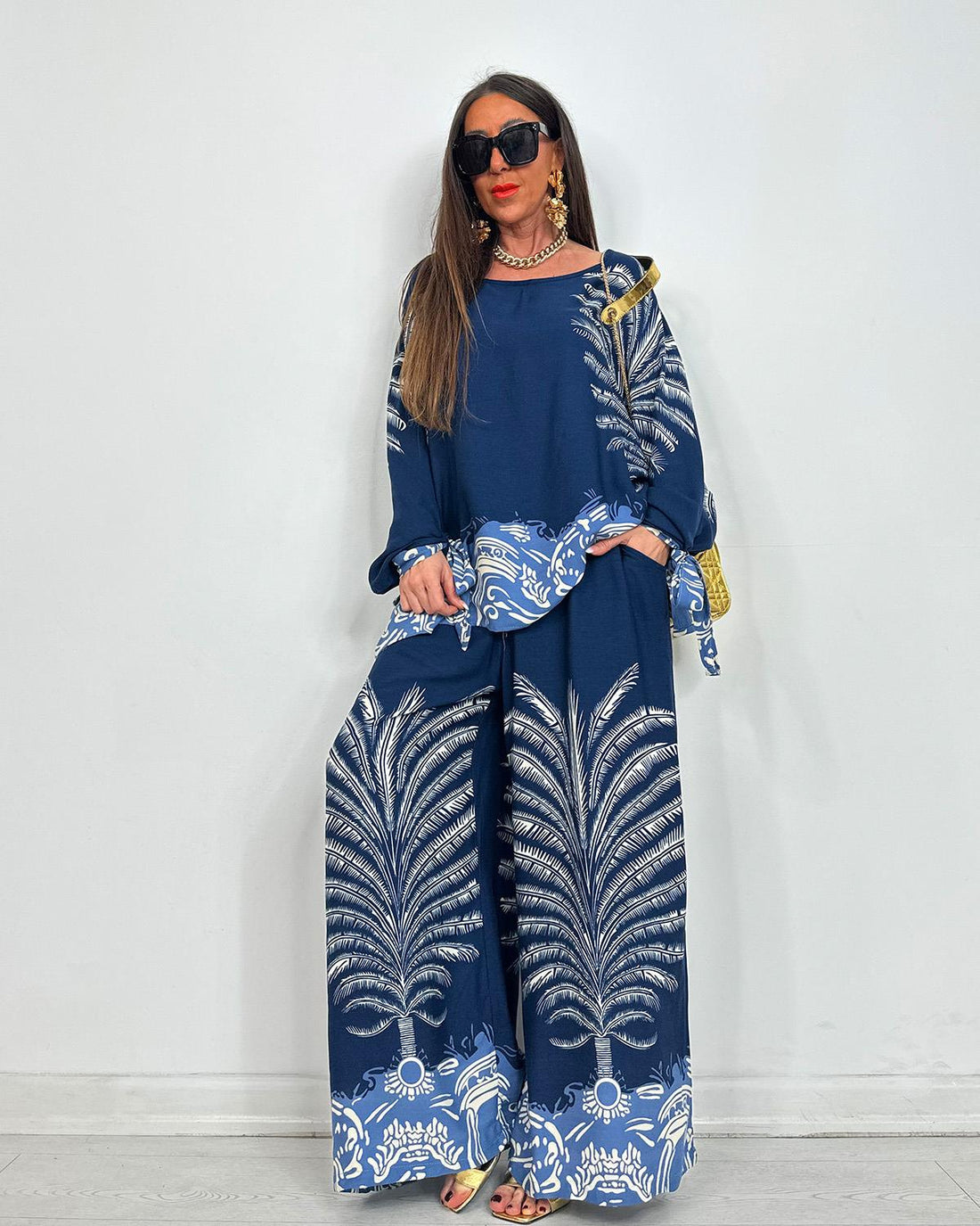 Ensemble fluide imprimé palmier – Bleu profond - Fenomen Paris