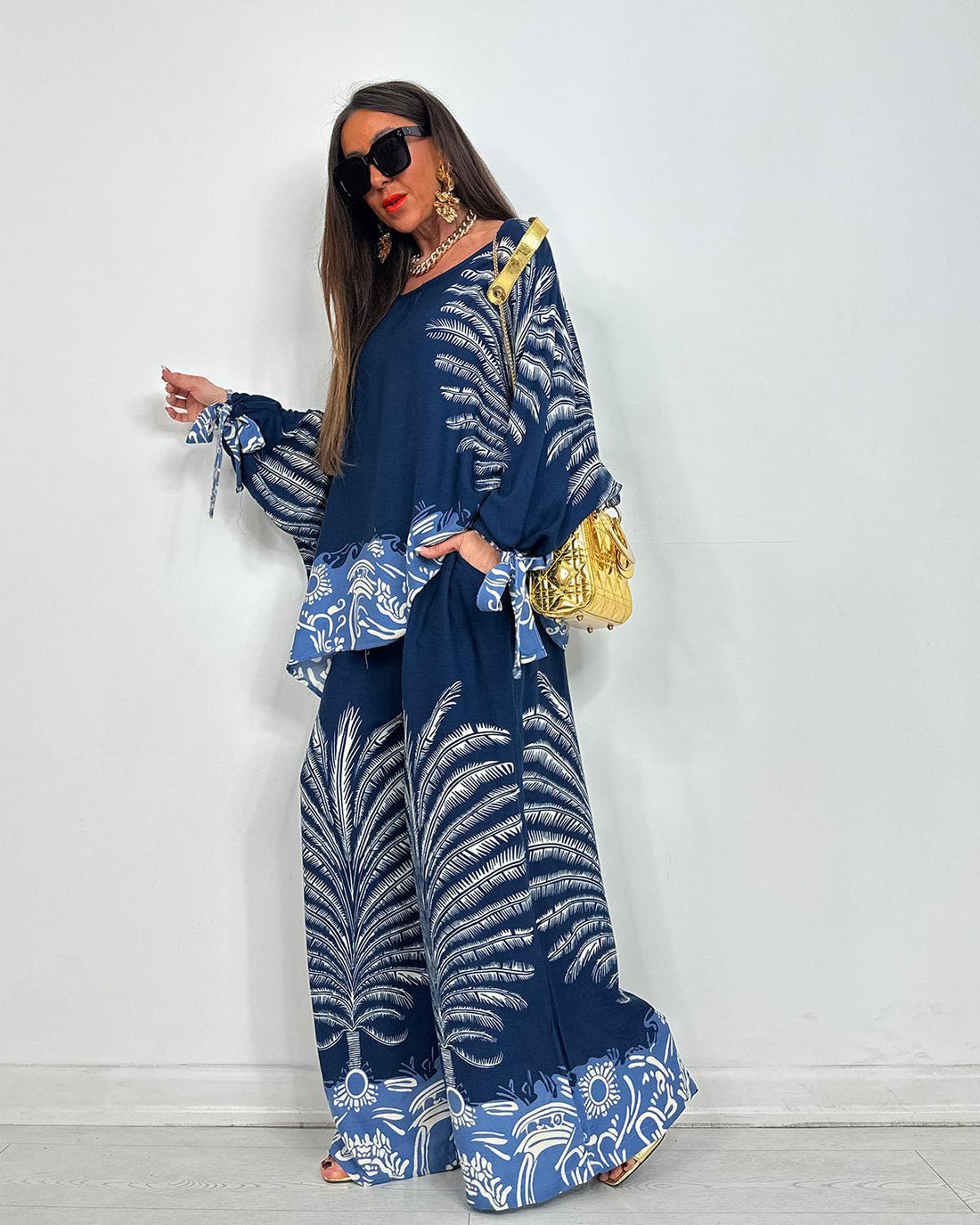 Ensemble fluide imprimé palmier – Bleu profond - Fenomen Paris