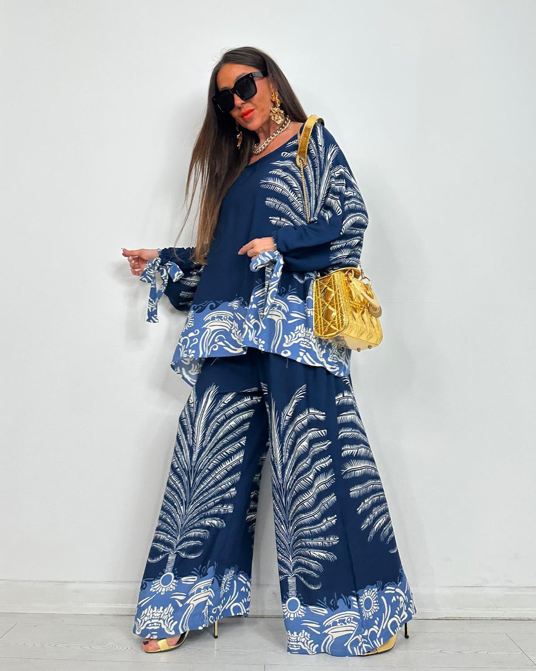 Ensemble fluide imprimé palmier – Bleu profond - Fenomen Paris