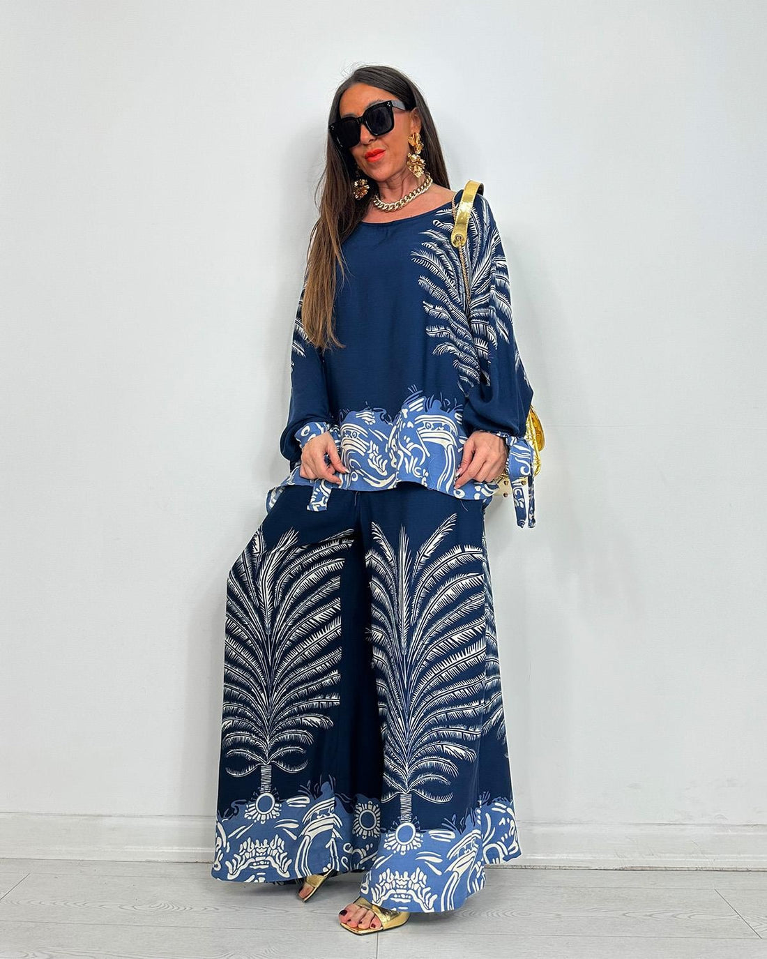 Ensemble fluide imprimé palmier – Bleu profond - Fenomen Paris