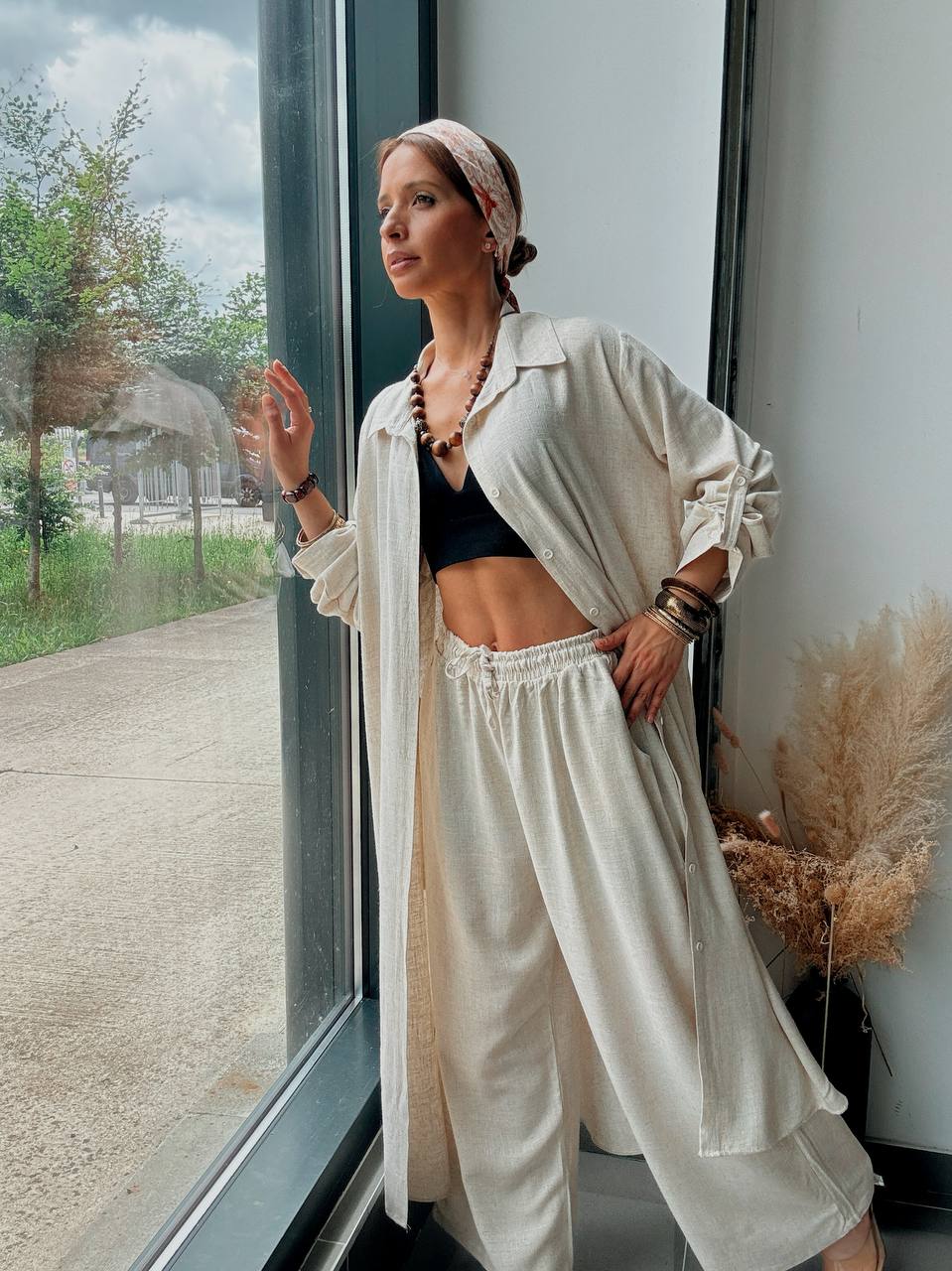 Ensemble Naturel Beige en Coton & Lin – Chemise Longue Oversize et Pantalon Fluide