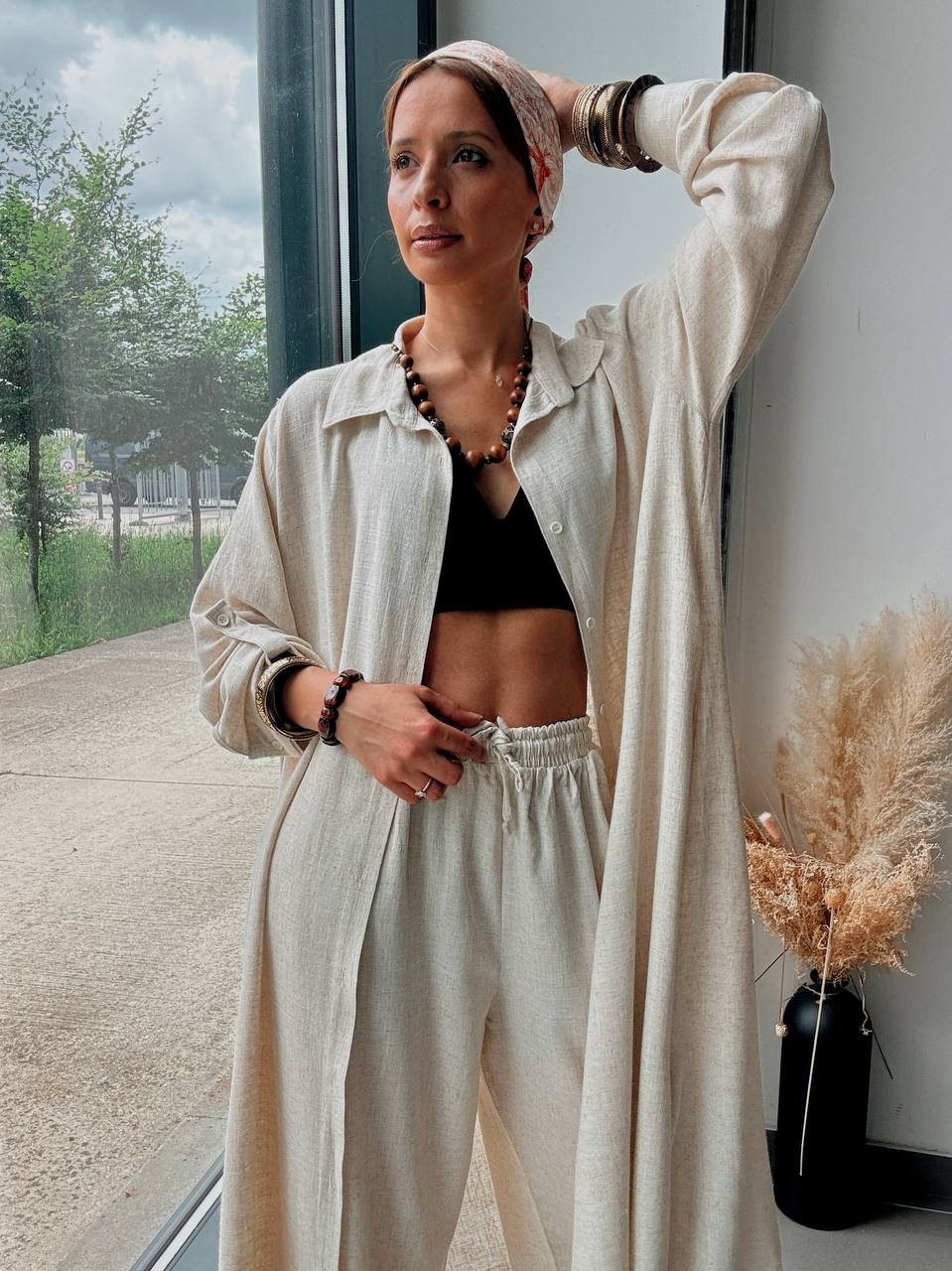 Ensemble Naturel Beige en Coton & Lin – Chemise Longue Oversize et Pantalon Fluide