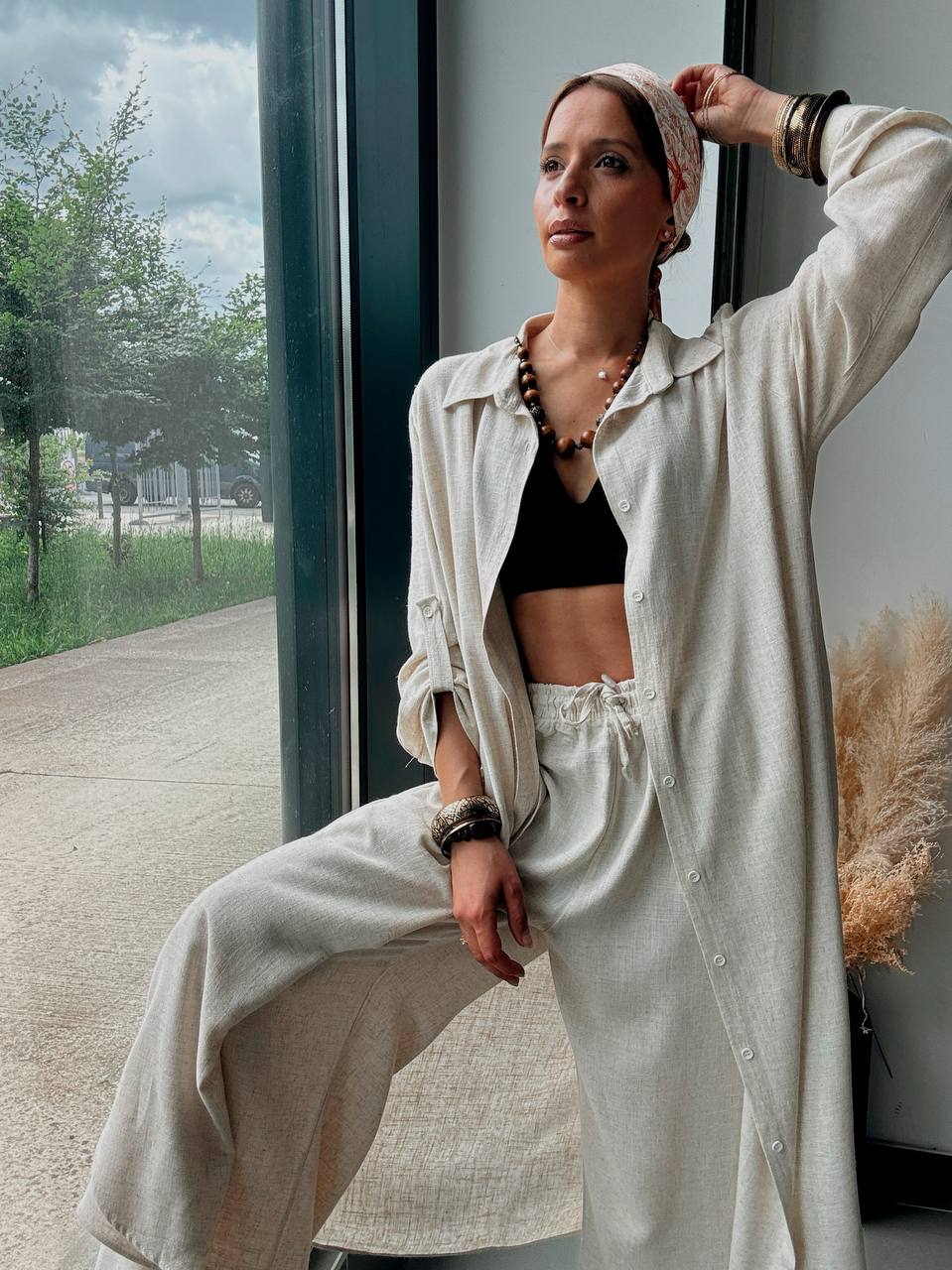 Ensemble Naturel Beige en Coton & Lin – Chemise Longue Oversize et Pantalon Fluide