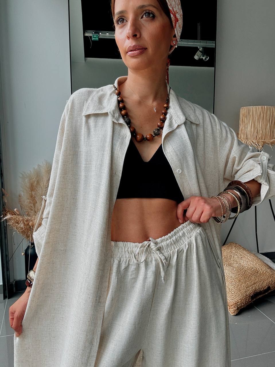 Ensemble Naturel Beige en Coton & Lin – Chemise Longue Oversize et Pantalon Fluide