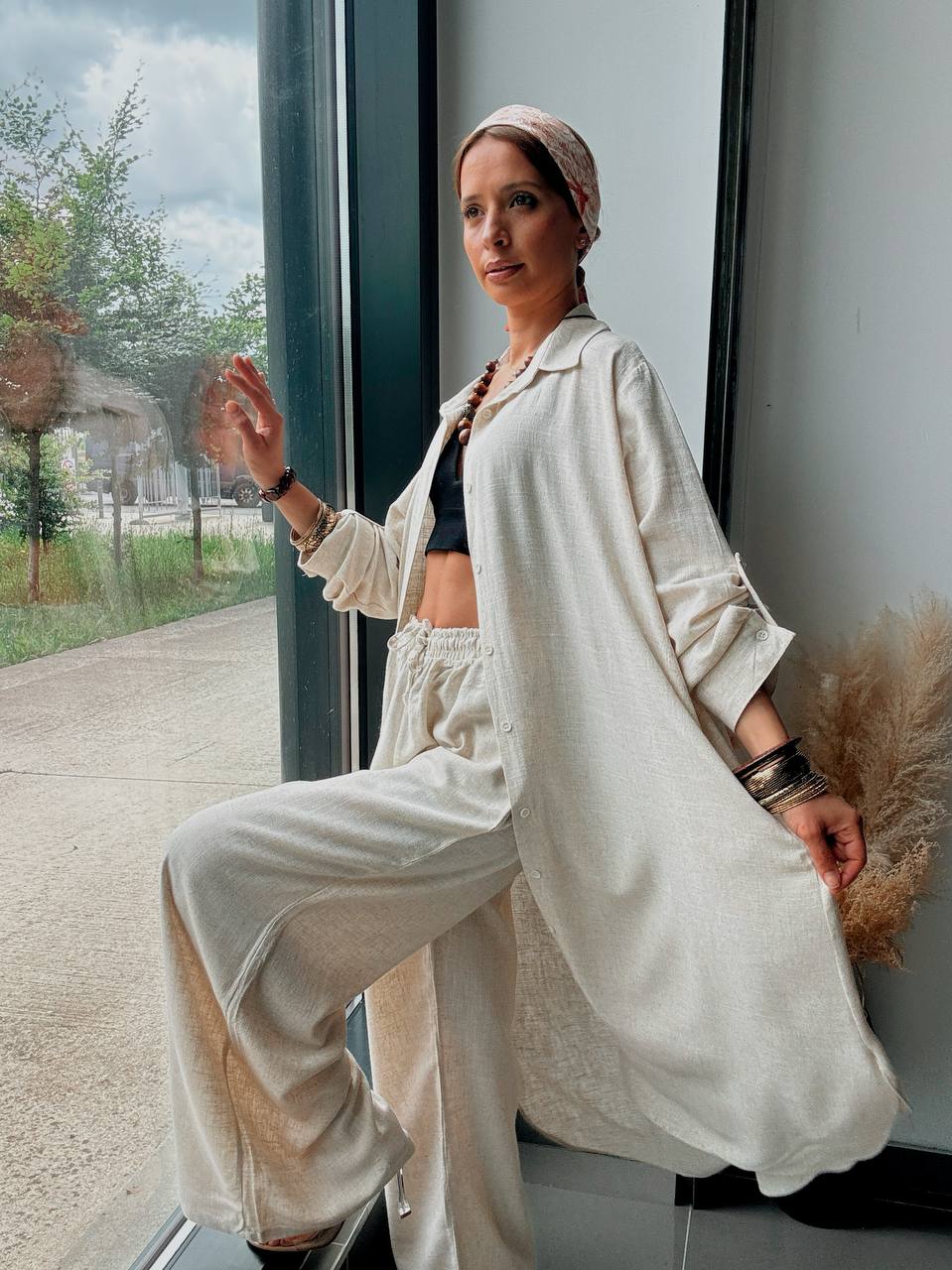 Ensemble Naturel Beige en Coton & Lin – Chemise Longue Oversize et Pantalon Fluide