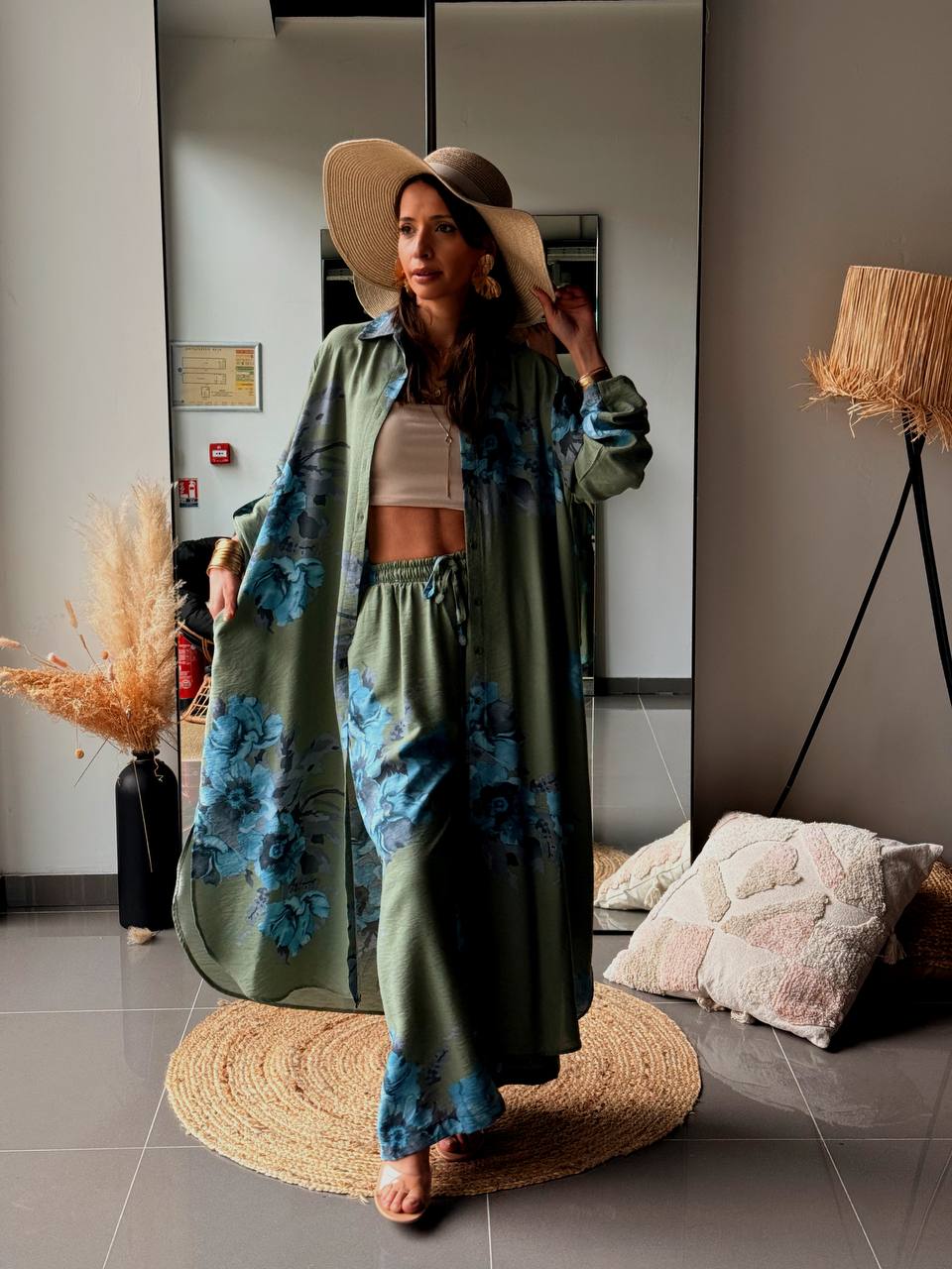 Ensemble Chemise Ample Longue Et Pantalon Assorti - Avec Viscose kaki - Fenomen Paris