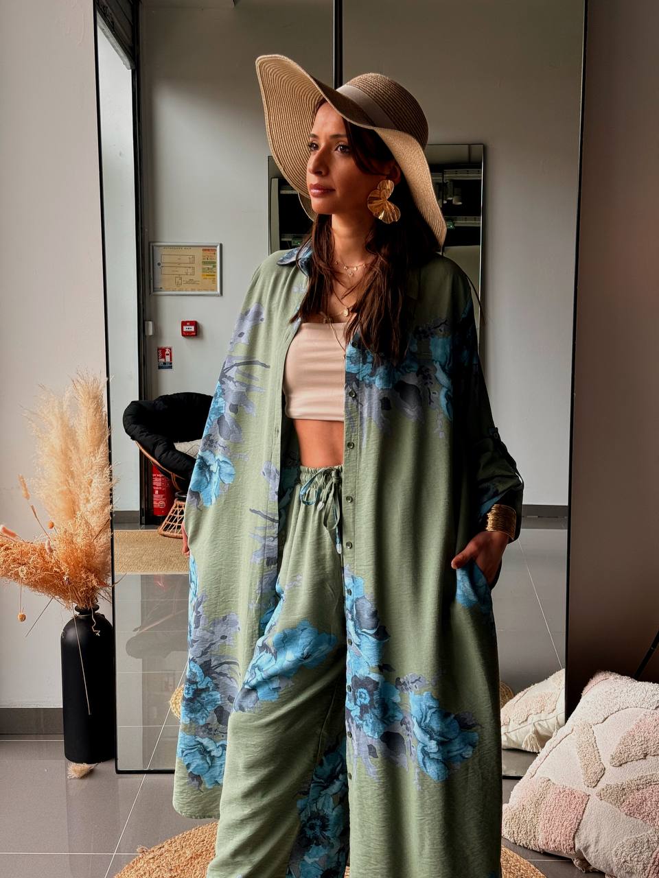 Ensemble Chemise Ample Longue Et Pantalon Assorti - Avec Viscose kaki - Fenomen Paris