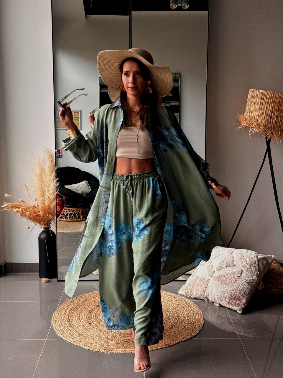Ensemble Chemise Ample Longue Et Pantalon Assorti - Avec Viscose kaki - Fenomen Paris