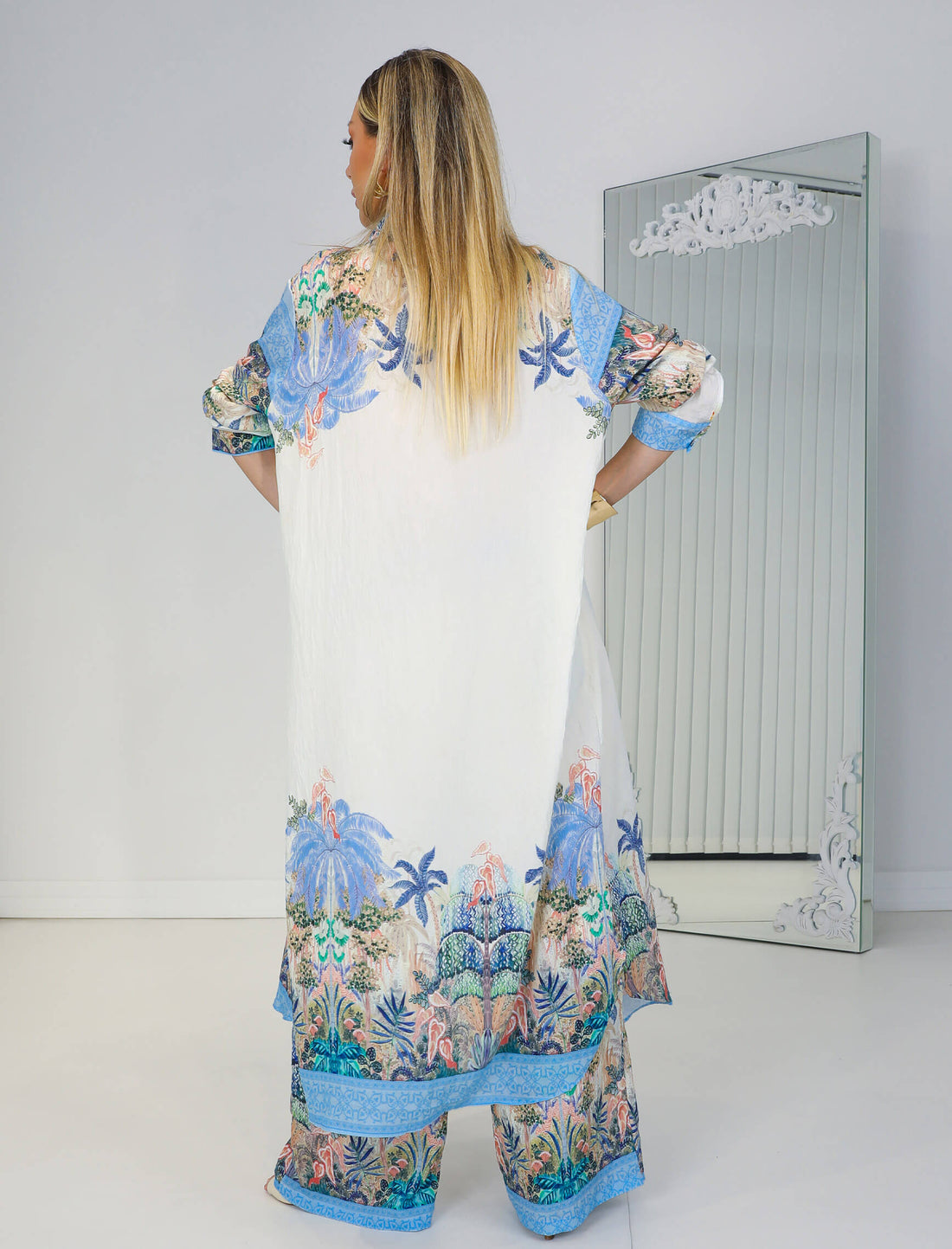 Ensemble Chemise Longue & Pantalon Fluide Imprimé Tropical – Bleu