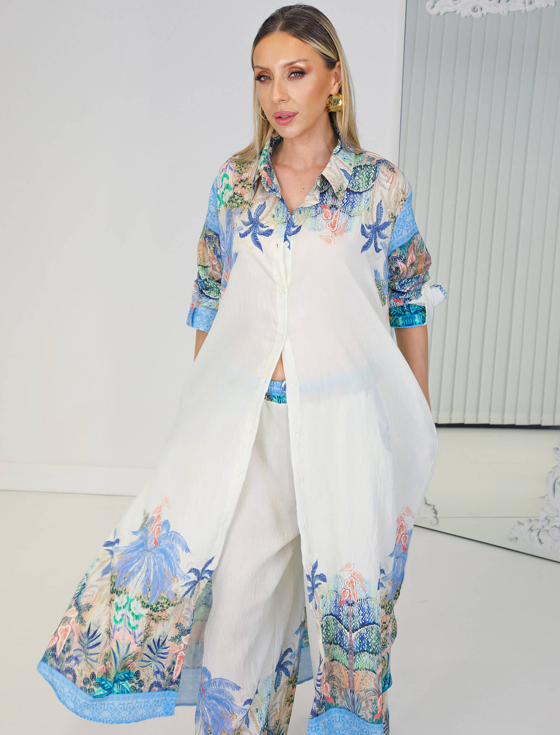 Ensemble Chemise Longue & Pantalon Fluide Imprimé Tropical – Bleu