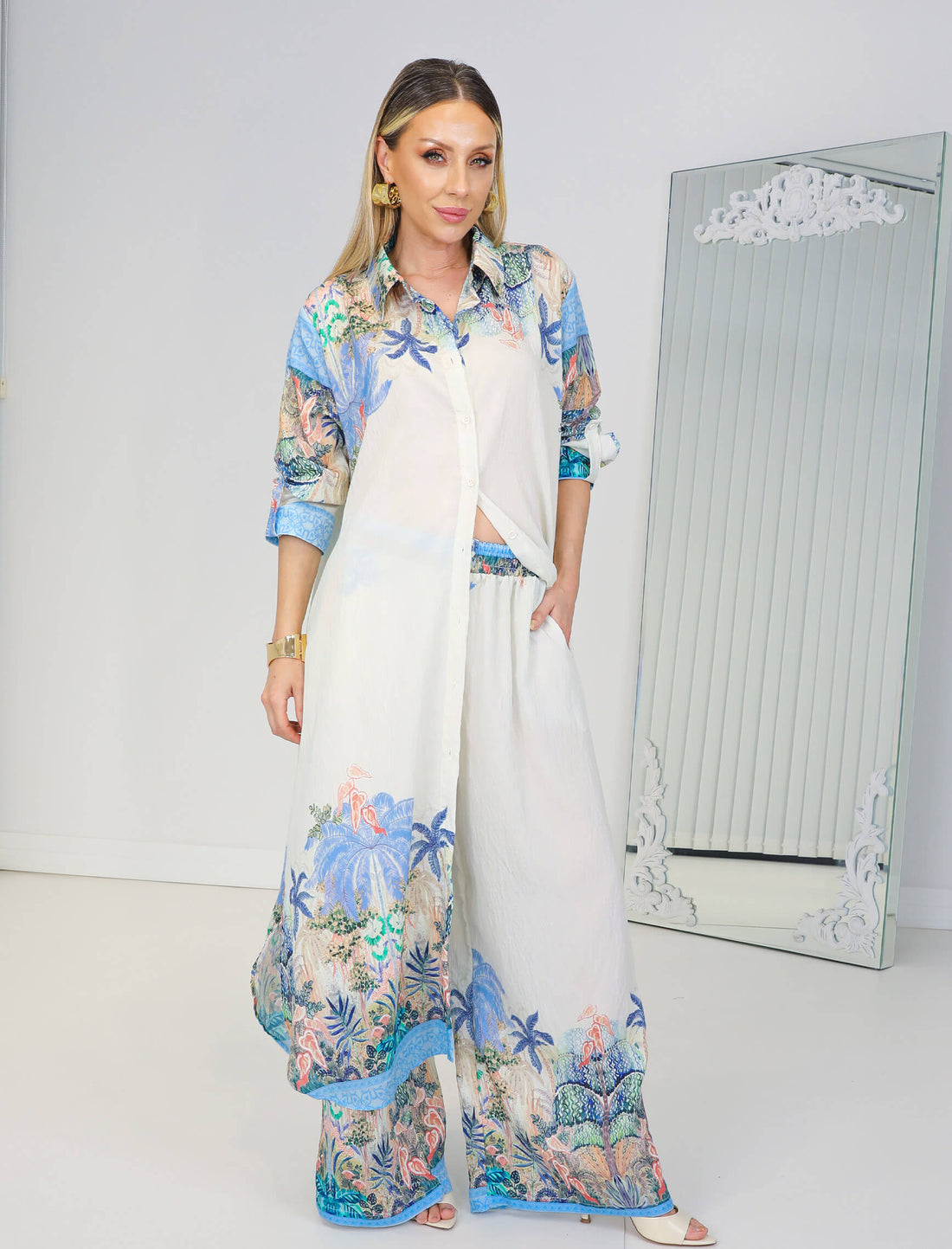 Ensemble Chemise Longue & Pantalon Fluide Imprimé Tropical – Bleu
