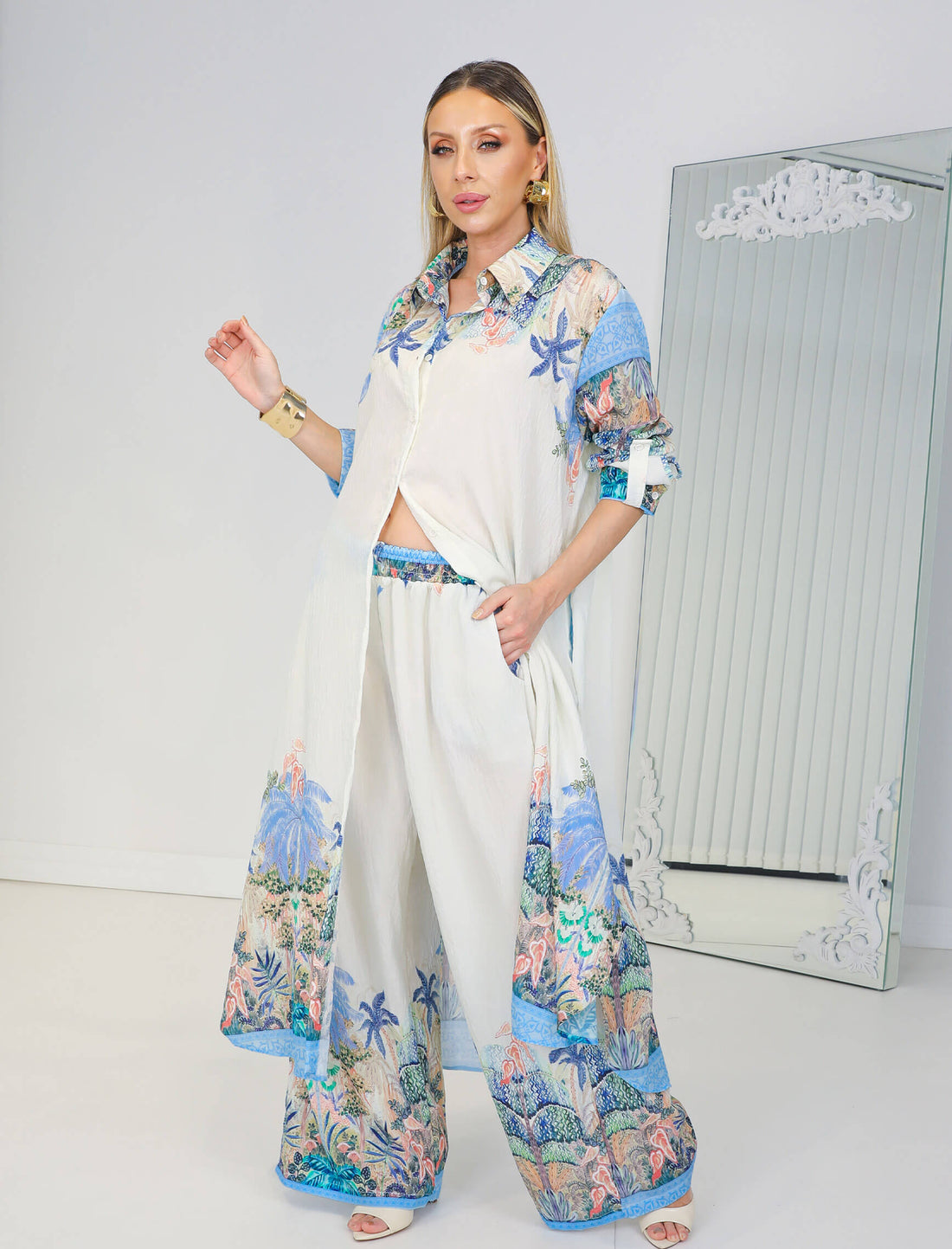 Ensemble Chemise Longue & Pantalon Fluide Imprimé Tropical – Bleu