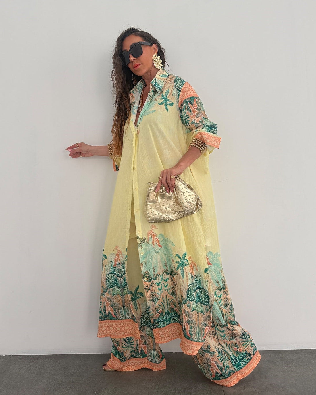 Ensemble Chemise Longue & Pantalon Fluide Imprimé Tropical Jaune