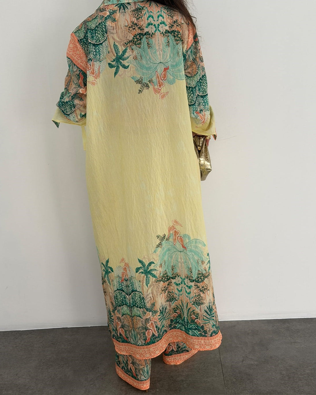 Ensemble Chemise Longue & Pantalon Fluide Imprimé Tropical Jaune