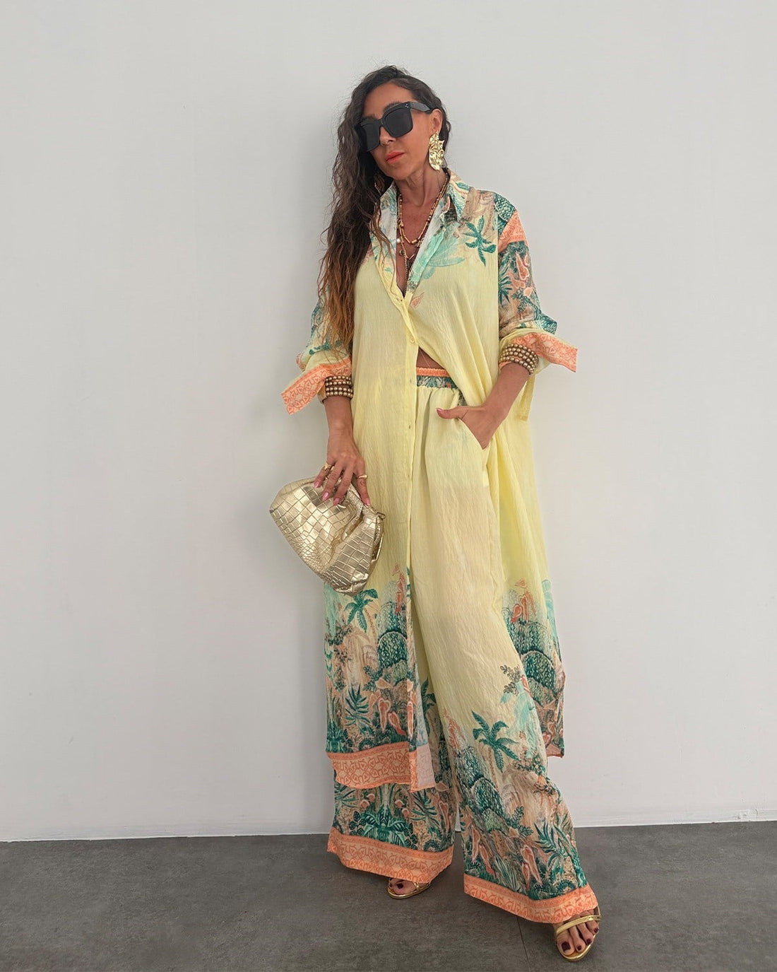 Ensemble Chemise Longue & Pantalon Fluide Imprimé Tropical Jaune