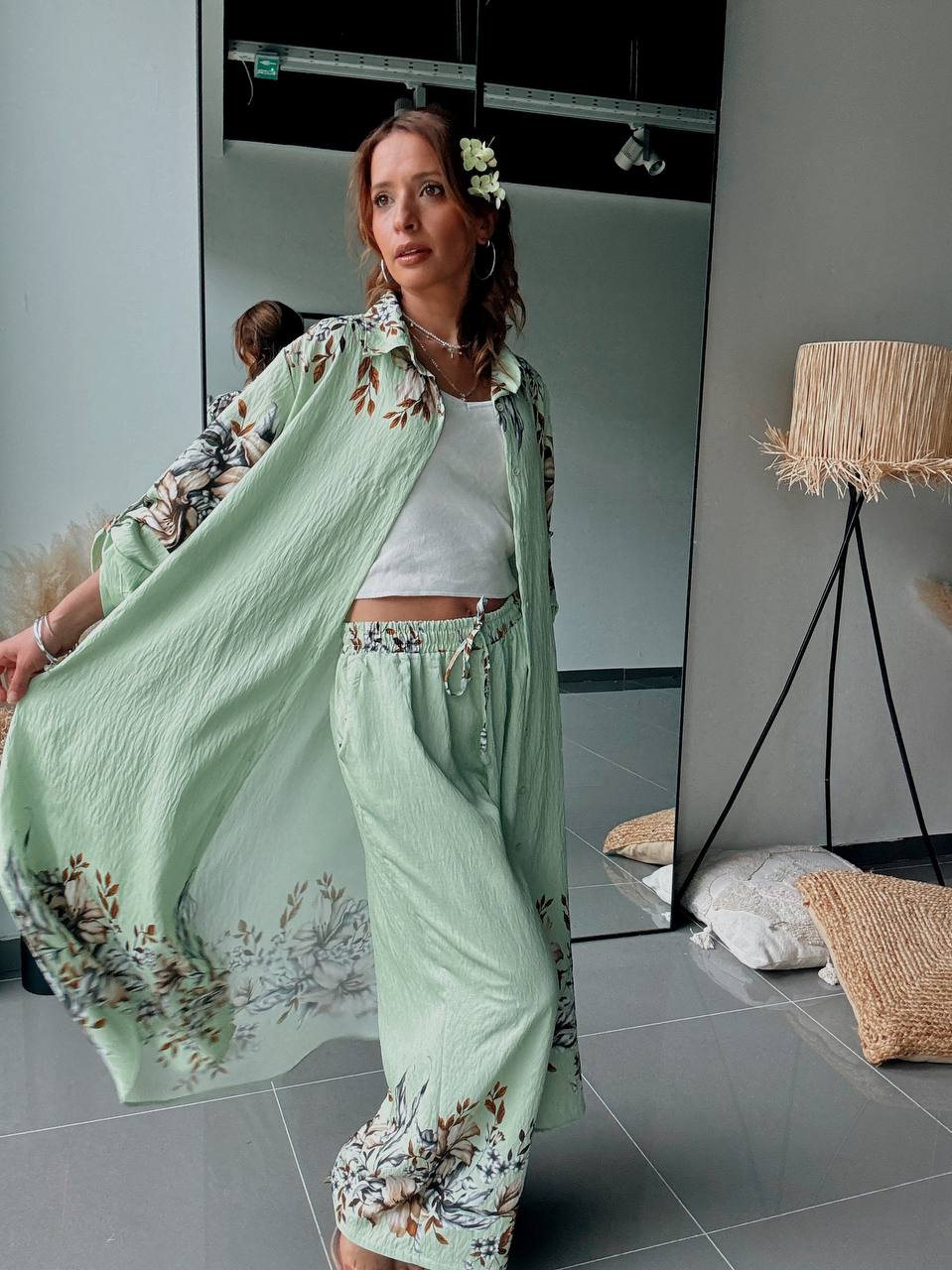 Ensemble Bohème Vert Amande Fleuri – Douceur Naturelle & Élégance Estivale