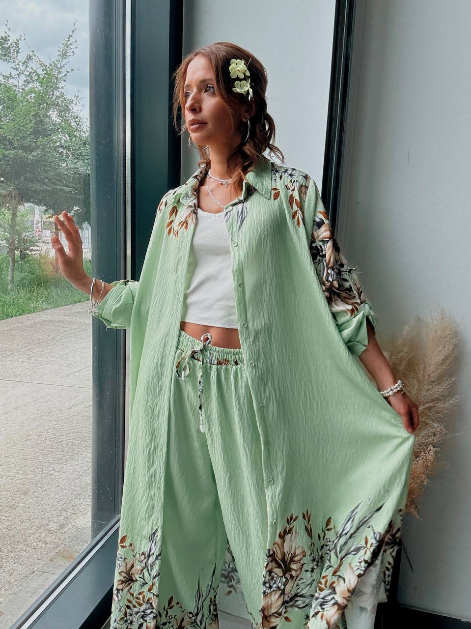 Ensemble Bohème Vert Amande Fleuri – Douceur Naturelle & Élégance Estivale