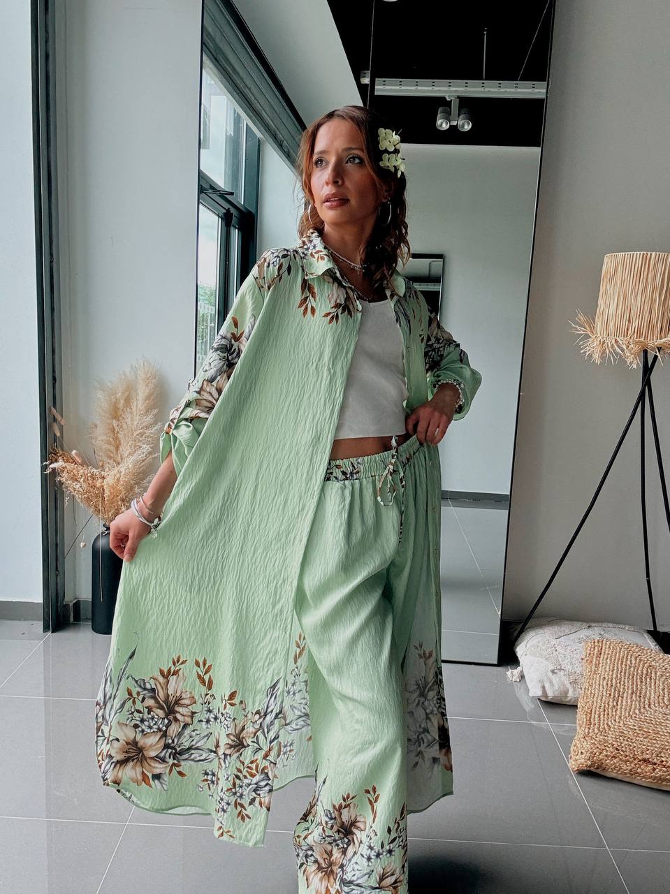 Ensemble Bohème Vert Amande Fleuri – Douceur Naturelle & Élégance Estivale