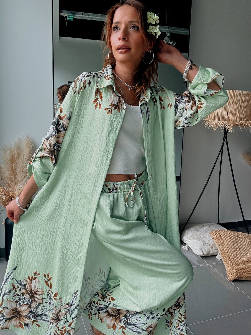 Ensemble Bohème Vert Amande Fleuri – Douceur Naturelle & Élégance Estivale