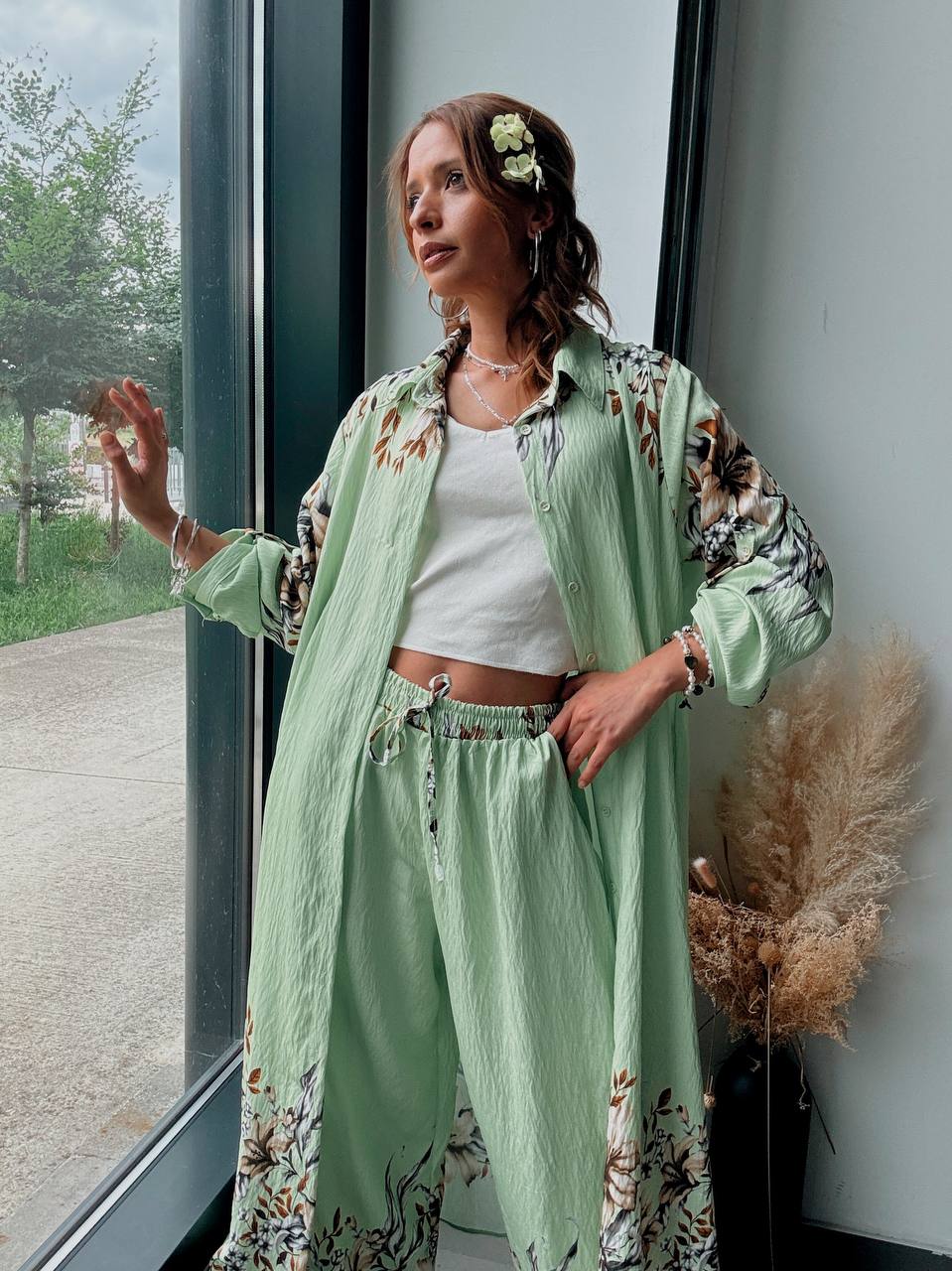 Ensemble Bohème Vert Amande Fleuri – Douceur Naturelle & Élégance Estivale