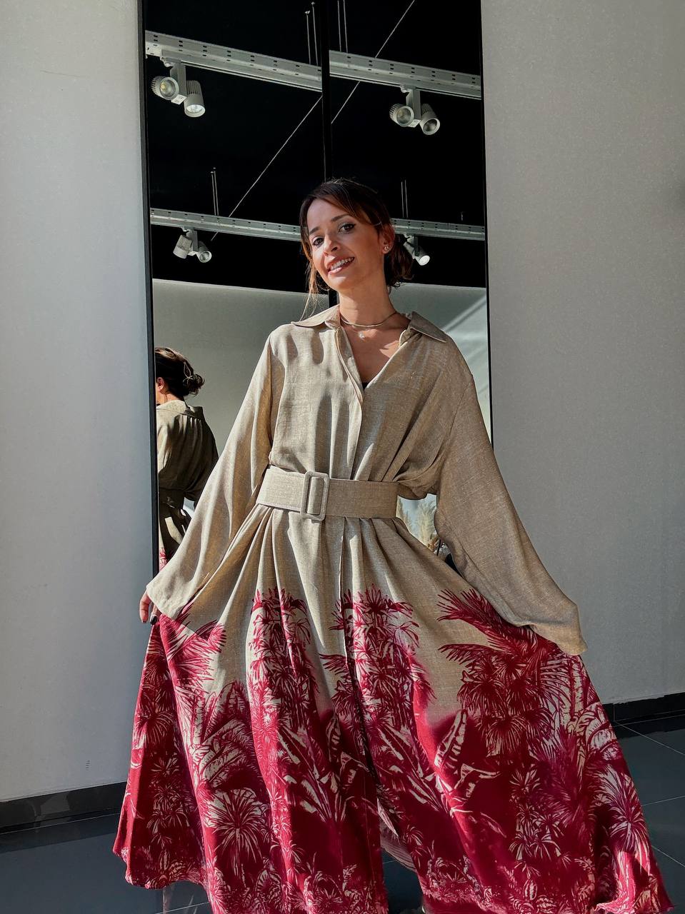 Robe longue beige à imprimé palmier - ATN005-412 - Fenomen Paris