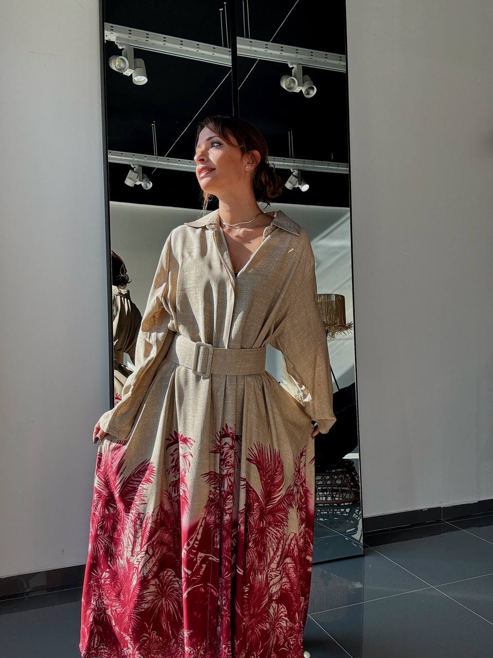 Robe longue beige à imprimé palmier - ATN005-412 - Fenomen Paris