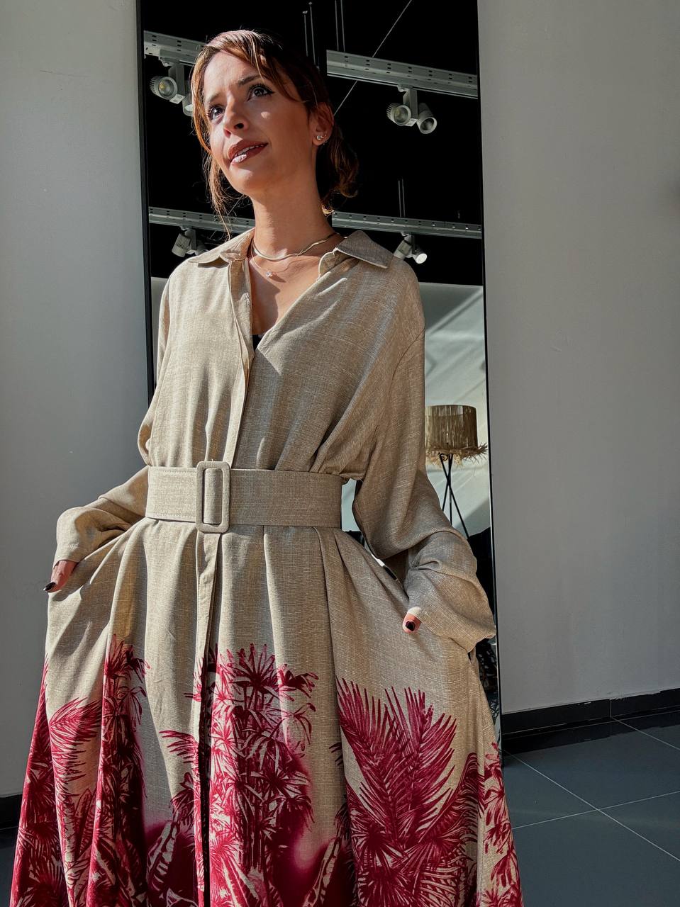 Robe longue beige à imprimé palmier - ATN005-412 - Fenomen Paris