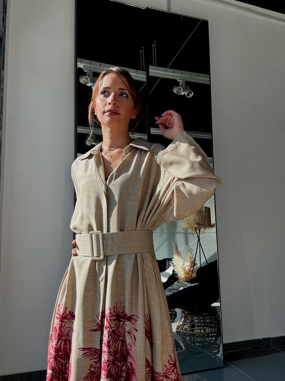 Robe longue beige à imprimé palmier - ATN005-412 - Fenomen Paris