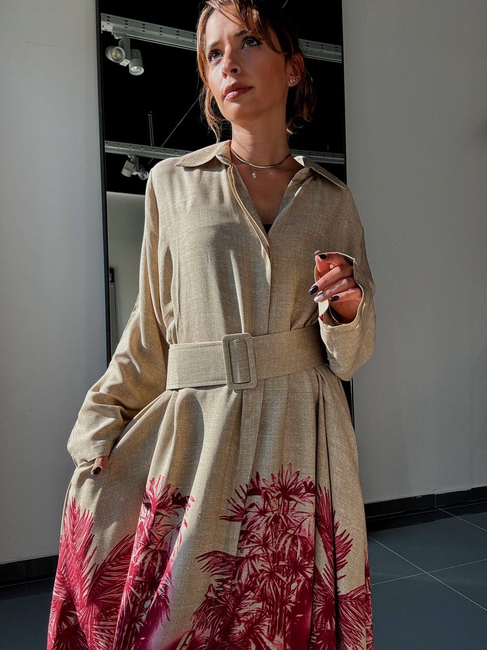 Robe longue beige à imprimé palmier - ATN005-412 - Fenomen Paris